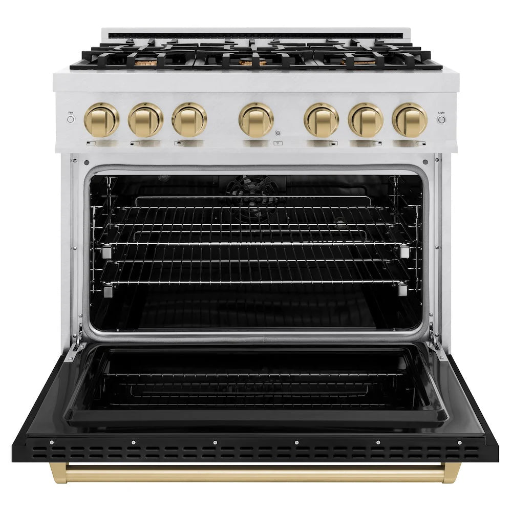 Dual fuel range with open oven and wire racks, satin stainless interior trim
