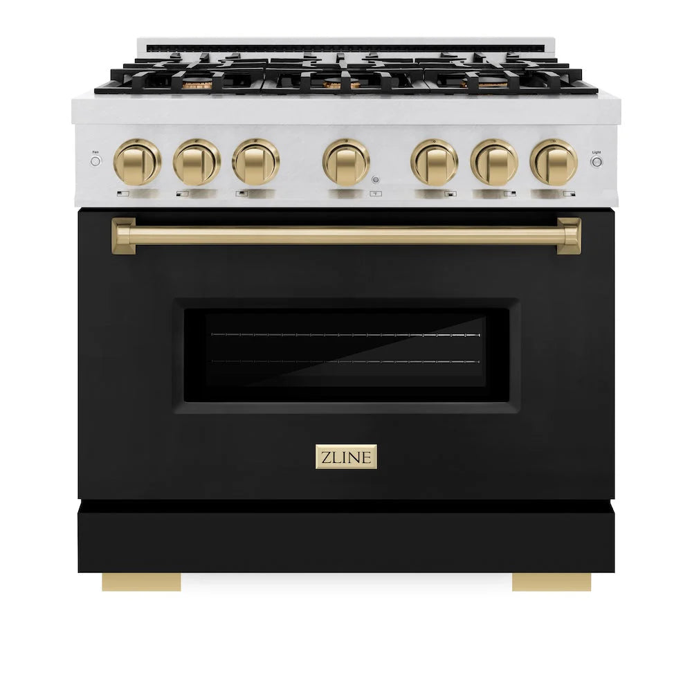 Satin stainless dual fuel range with black matte door and gold-tone control knobs