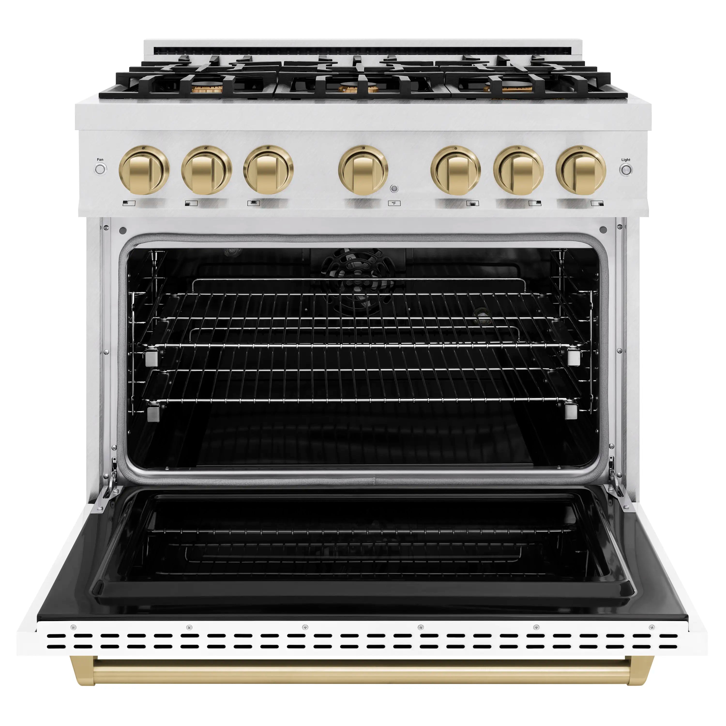 White range with oven door open, showing black racks inside