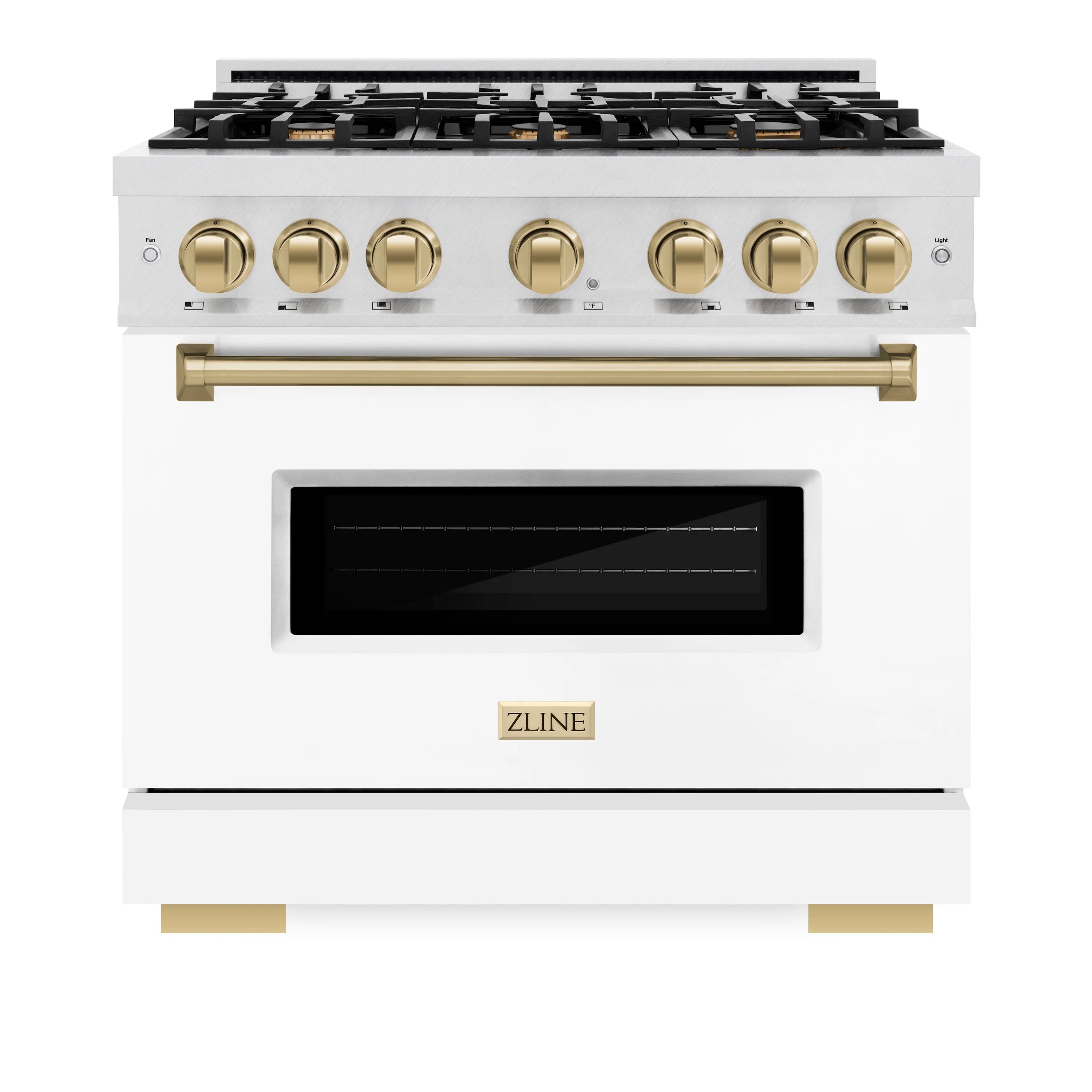 White dual fuel range front with gold knobs, burner grates, and oven window