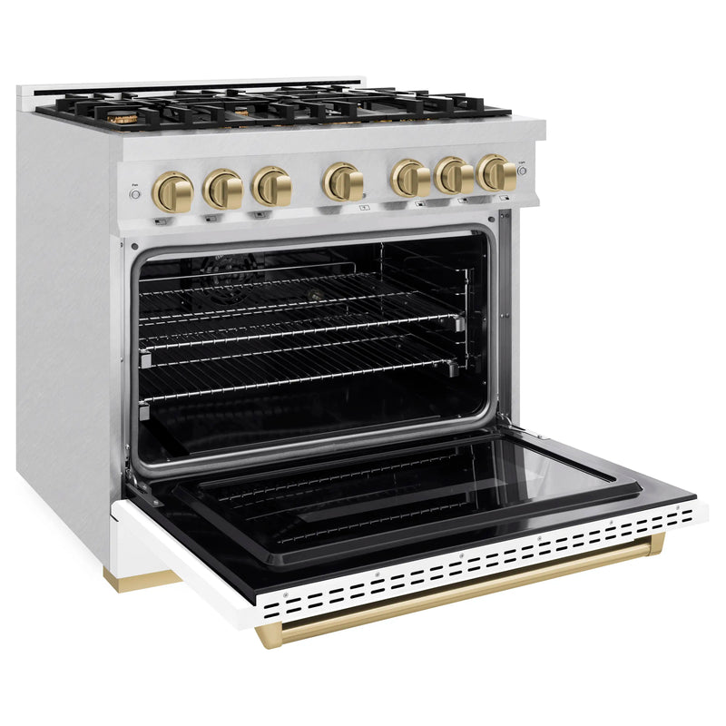 ZLINE Autograph Edition Classic Series 36-Inch Dual Fuel Range in DuraSnow Stainless Steel with White Matte and Champagne Bronze (CDRSZ-WM-36-CB)