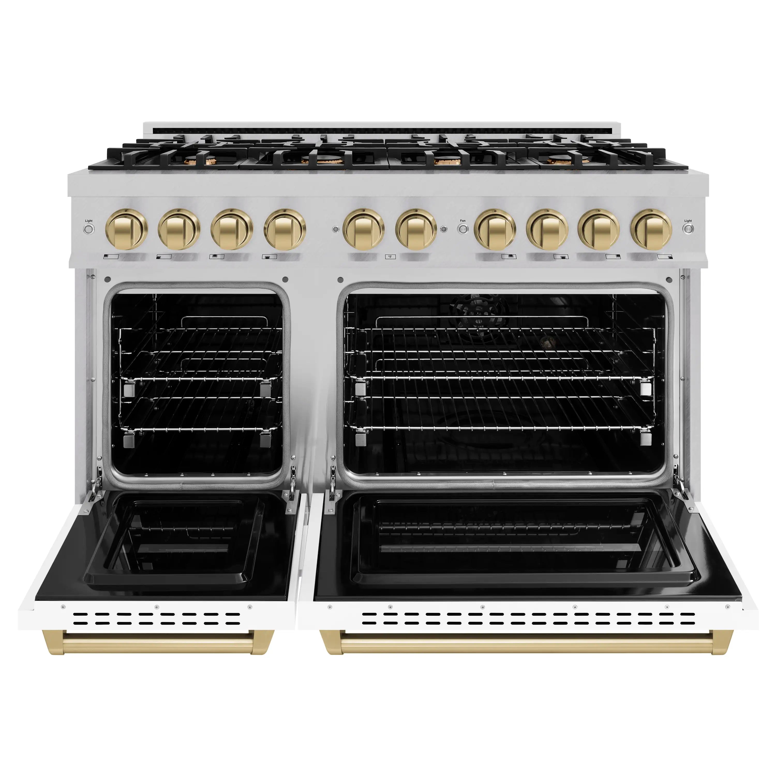 48-inch dual fuel range with two open ovens, white doors, and champagne-bronze knobs