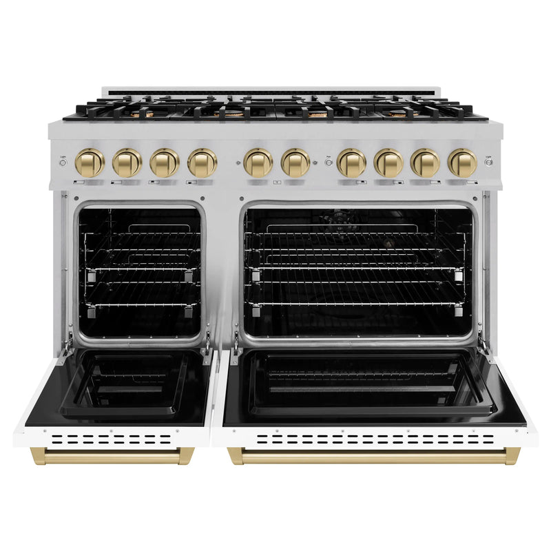 ZLINE Autograph Edition 48-Inch Classic Series Dual Fuel Range in DuraSnow Stainless Steel with White Matte Door and Champagne Bronze Accent (CDRSZ-WM-48-CB)