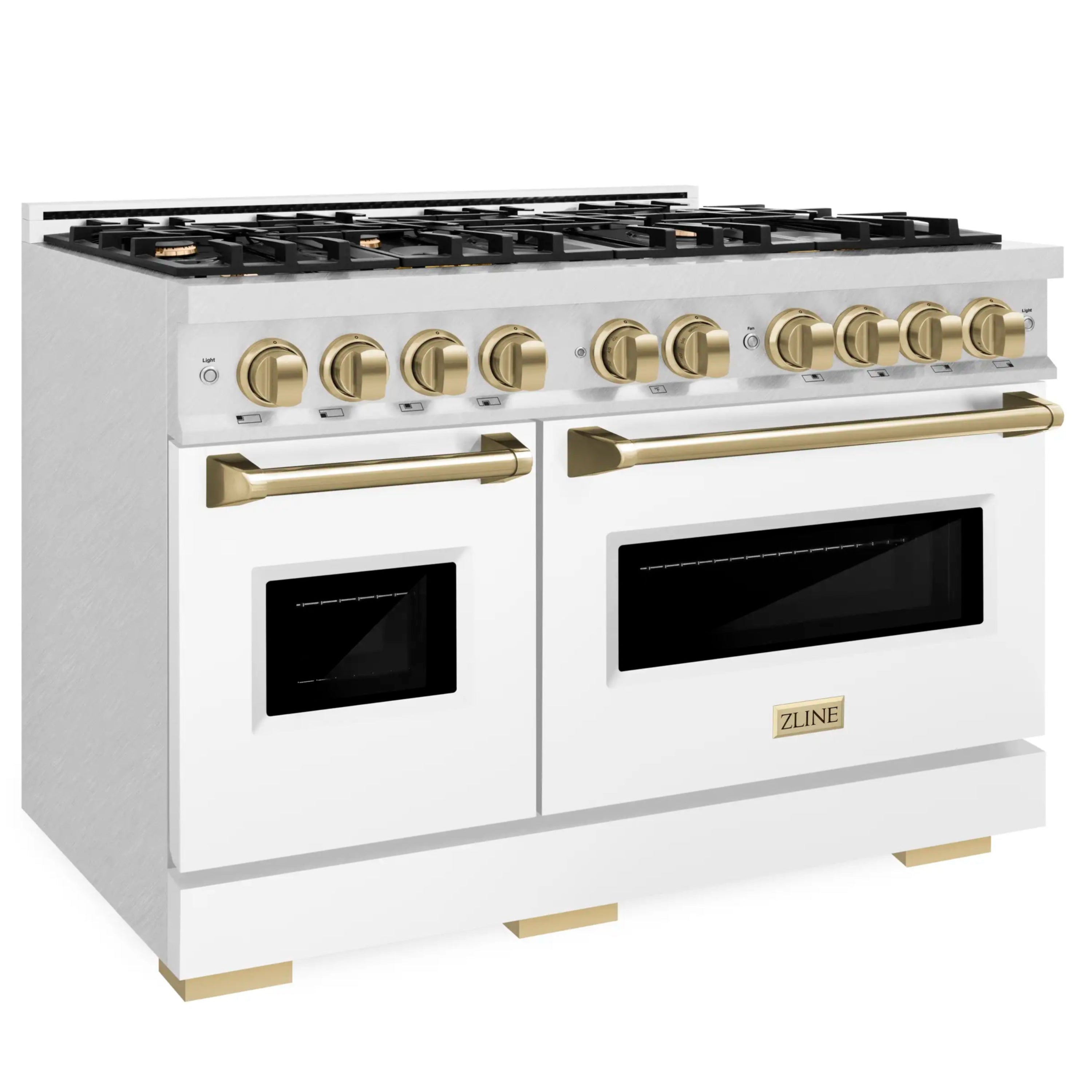 48-inch dual fuel range front with white door panels, gold handles, and brass-colored knobs