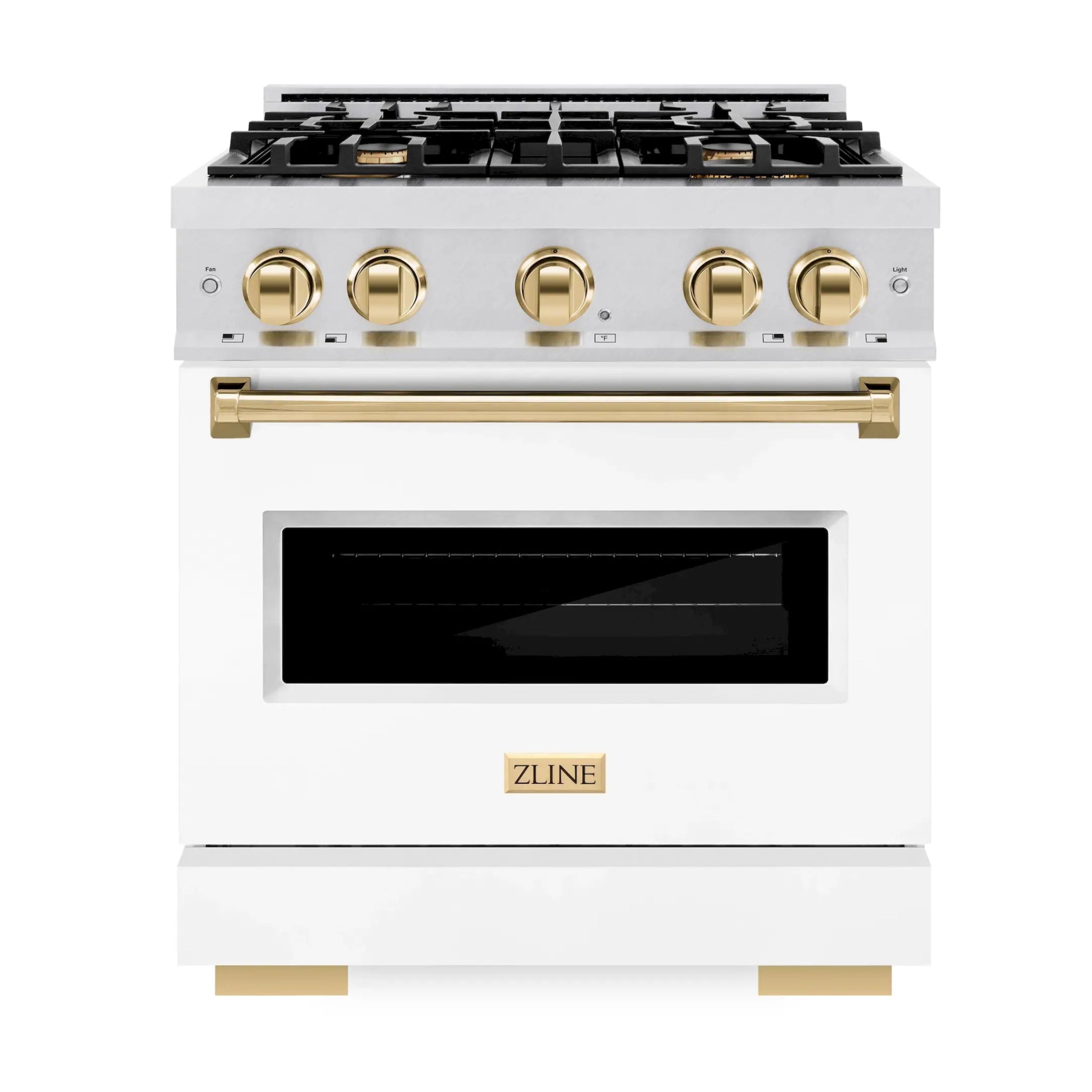 Dual fuel range front view with gold control knobs, black oven window, and cooktop