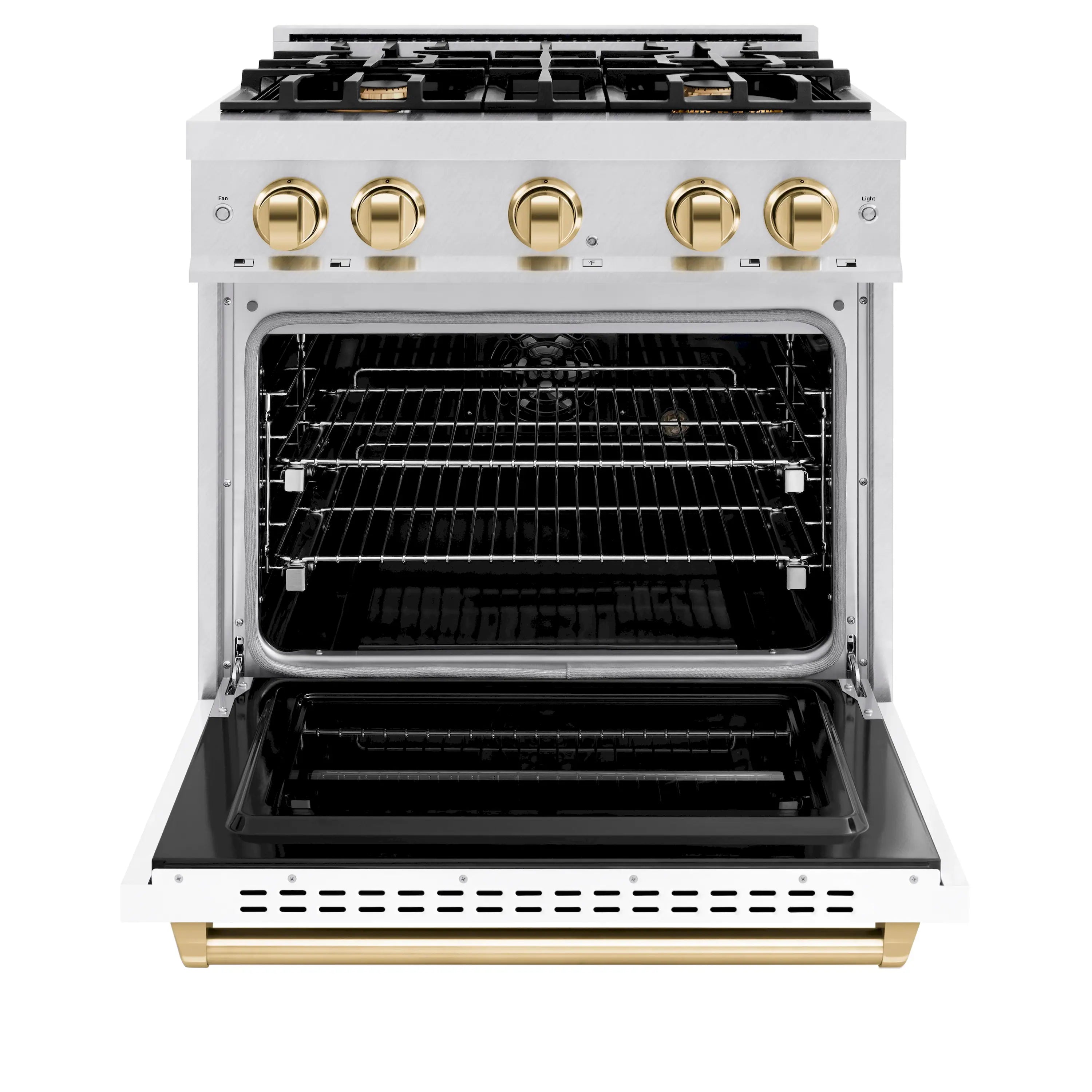 Dual fuel range with satin stainless front, gold knobs, open black electric convection oven