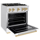 ZLINE Autograph Edition 30-Inch Classic Series Dual Fuel Range with 4 Gas Burner Cooktop and 4.2 Cu. Ft. Electric Convection Oven in Satin Stainless Steel with White Matte Door and Polished Gold Accents (CDRSZ-WM-30-G)