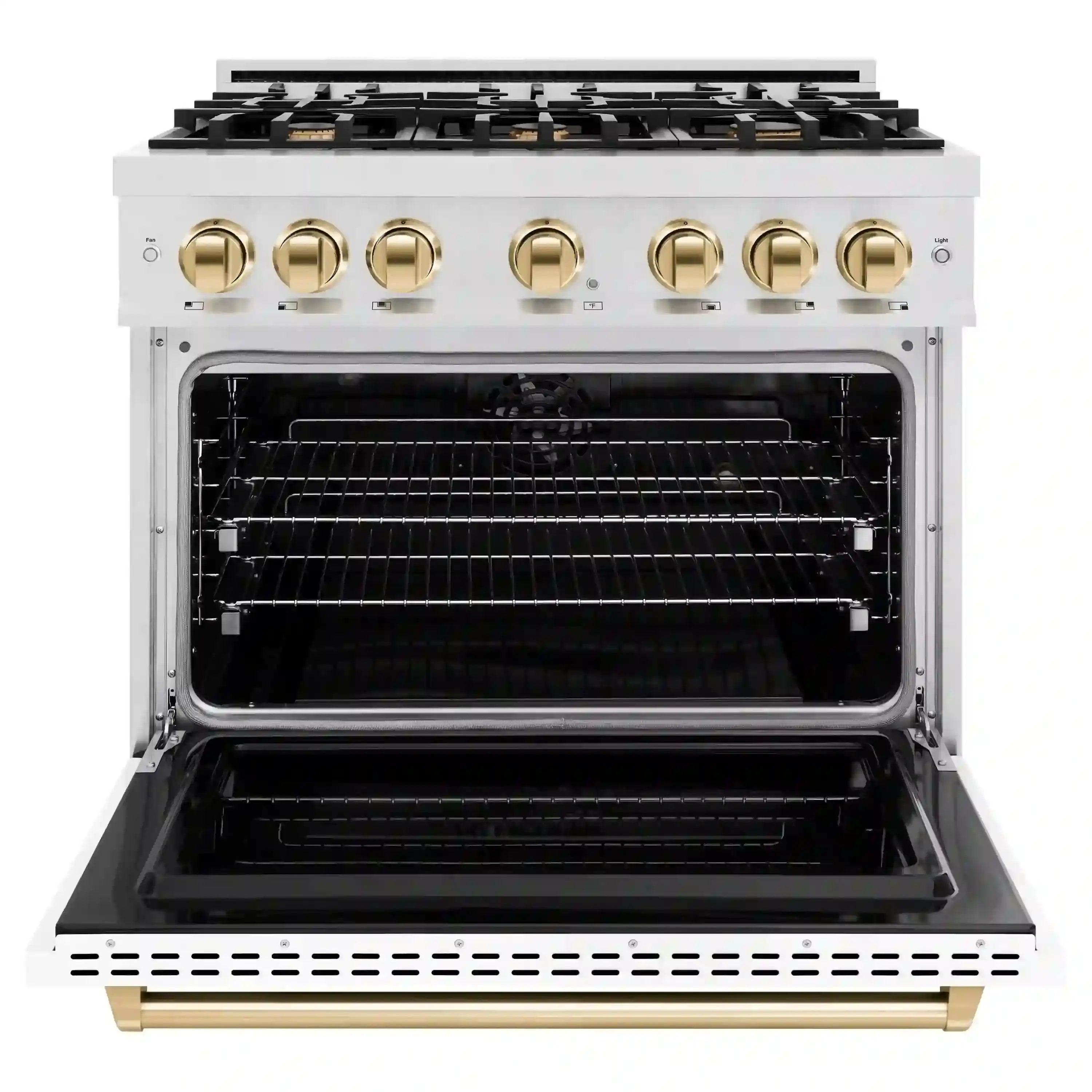 Dual fuel range open oven with interior racks and black glass door, gold control knobs