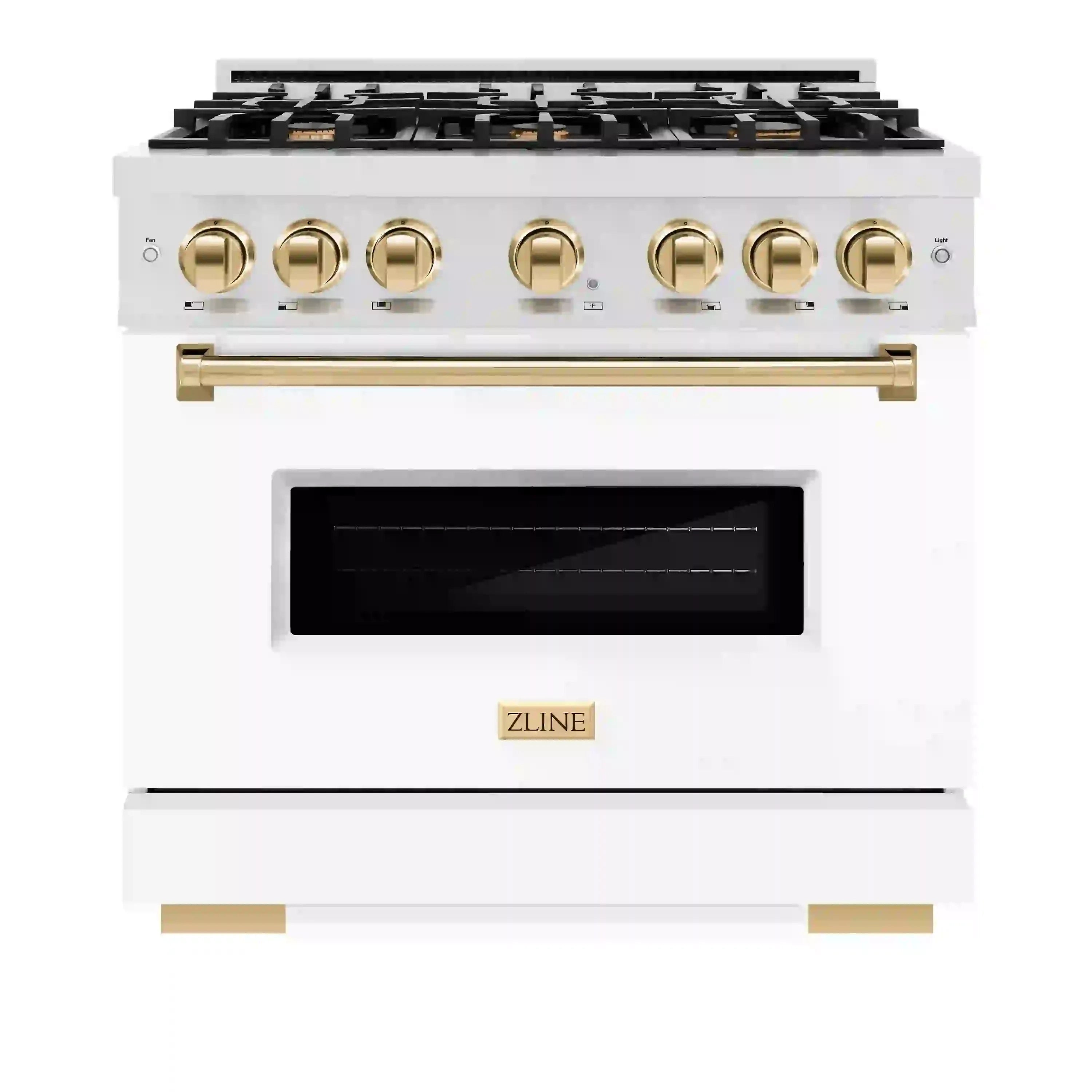 Dual fuel range front view with black oven window and brass gold knobs and handle