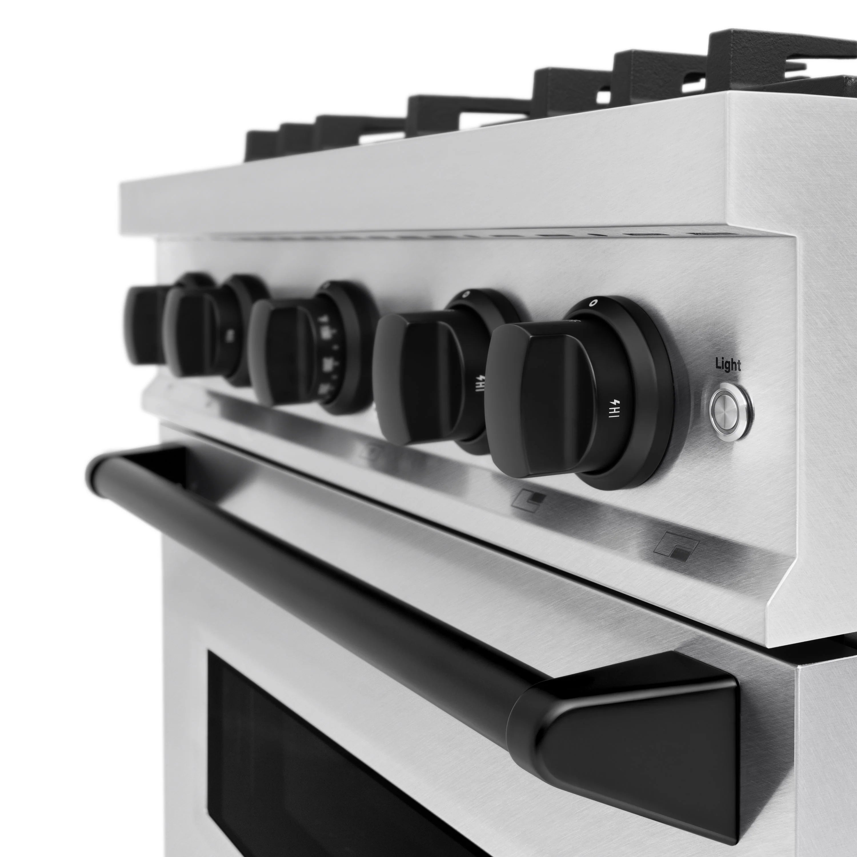 Satin stainless dual fuel range control panel with matte black burner knobs