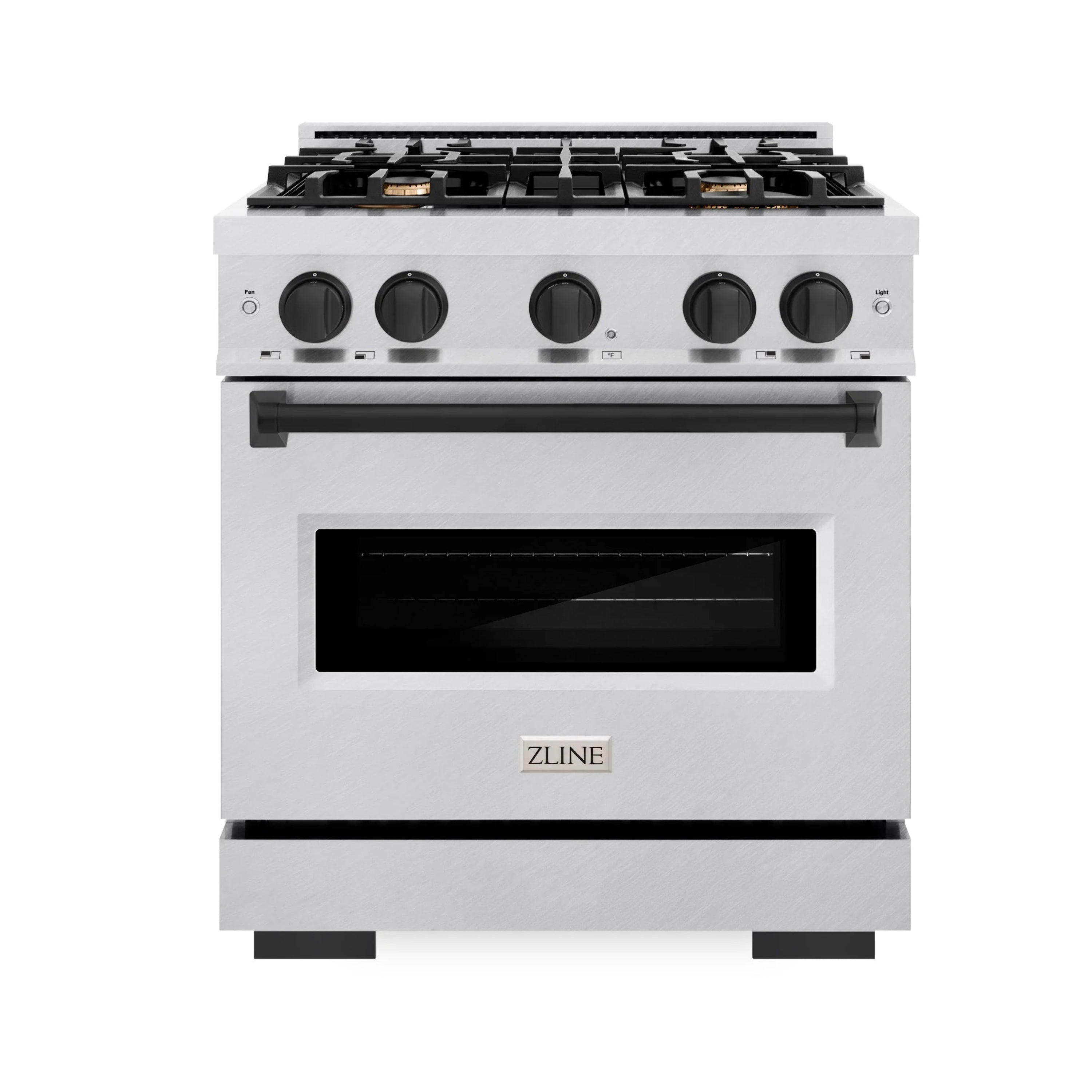 Satin stainless dual fuel range front with black glass oven door and knobs