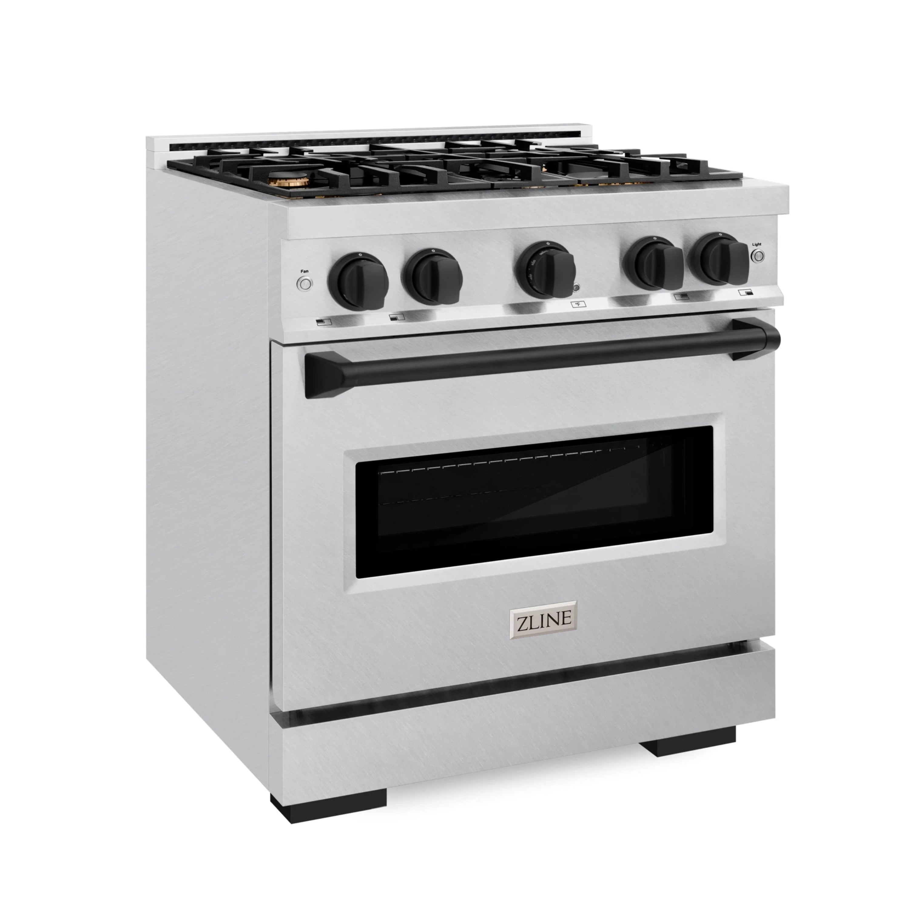 Stainless steel dual fuel range with black burner grates, control knobs, and oven window