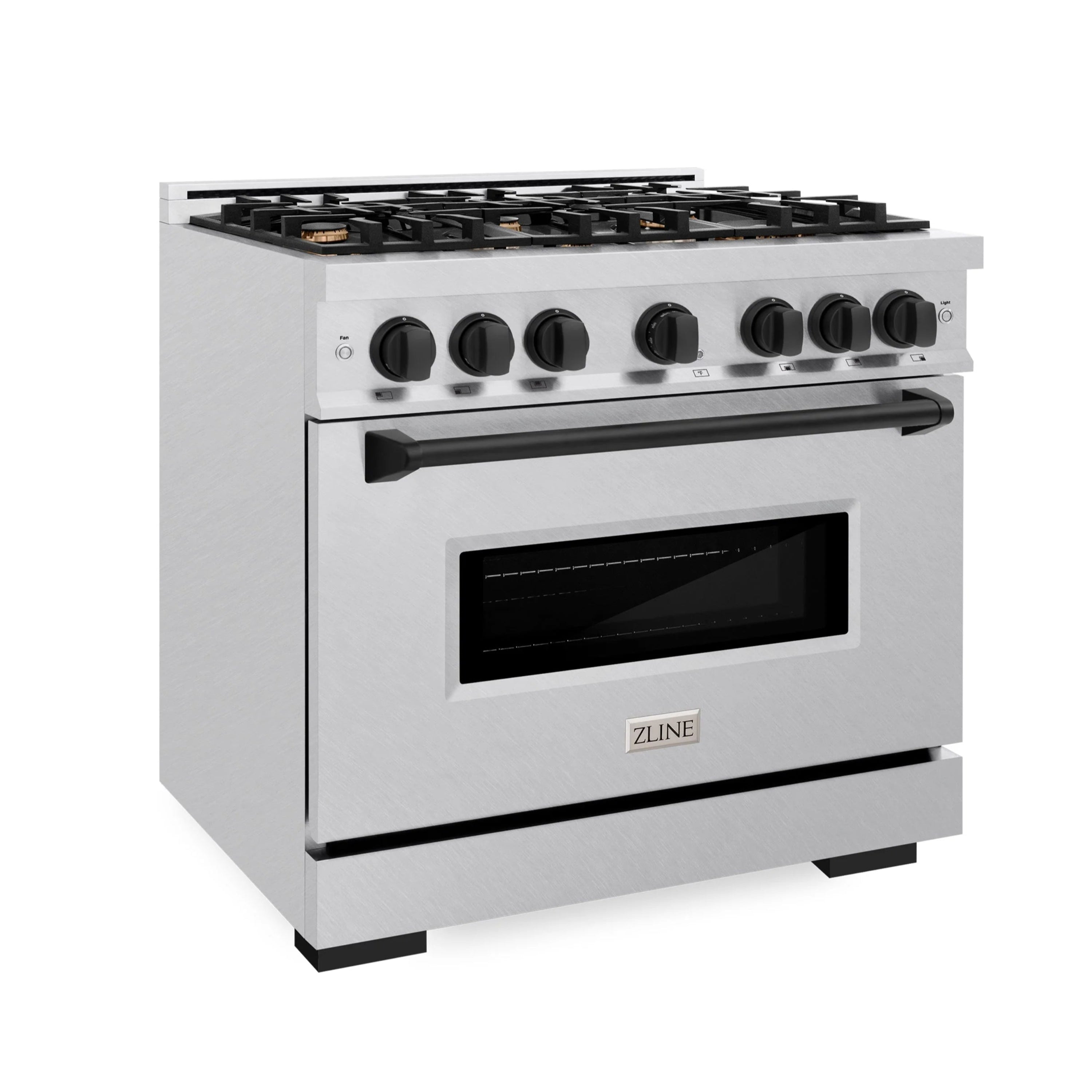 Dual fuel range, satin stainless with matte black accents; control knobs and oven