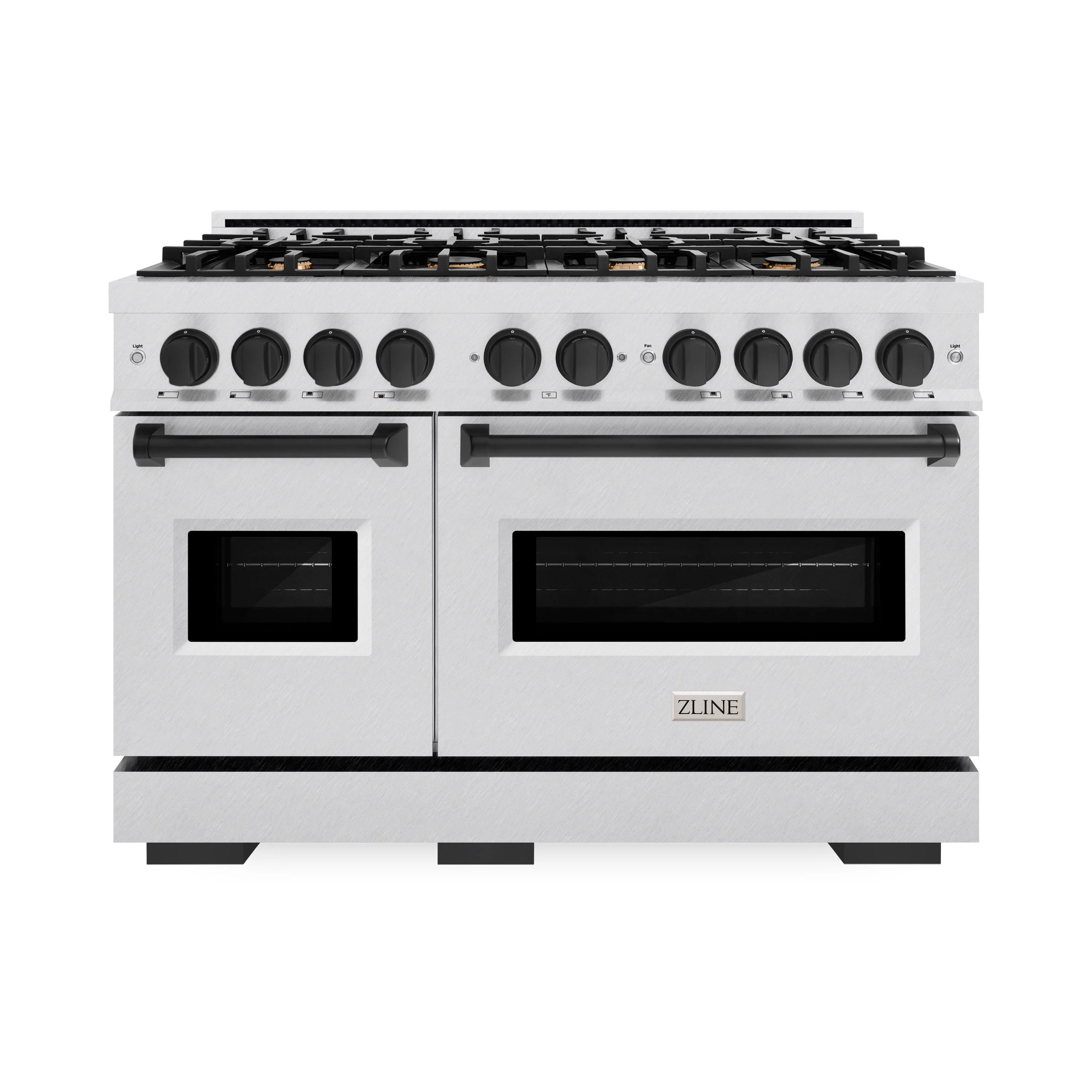 Satin stainless dual fuel range with matte black accents, two ovens, and black burner grates