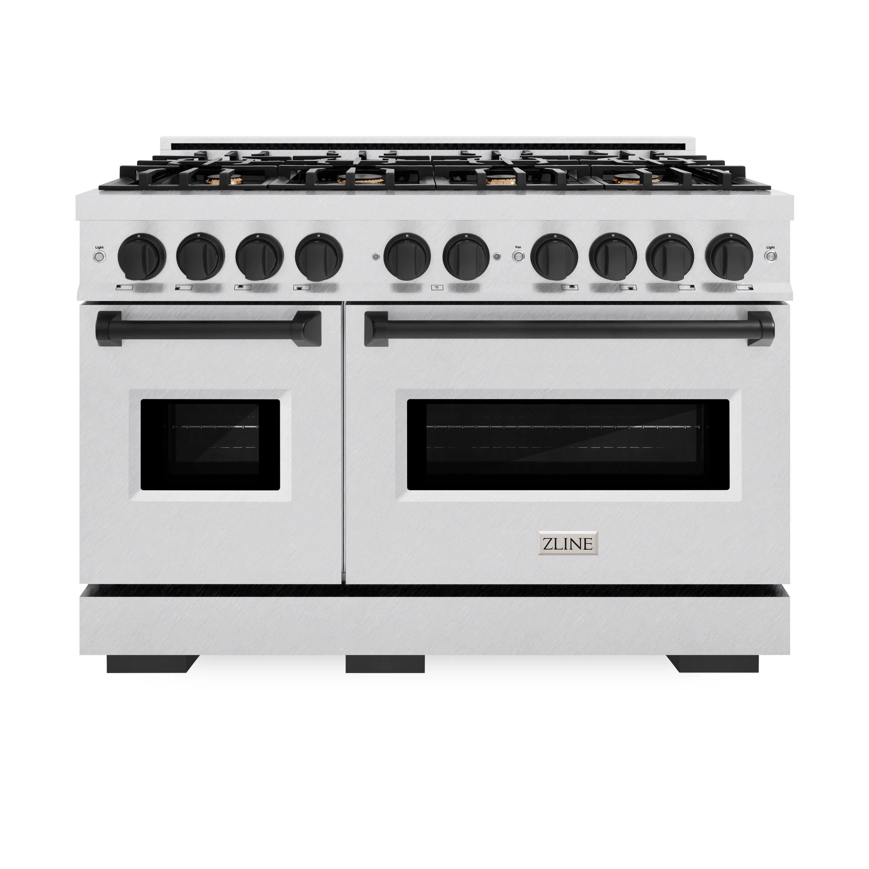 Satin stainless dual fuel range front view with black control knobs and two oven doors