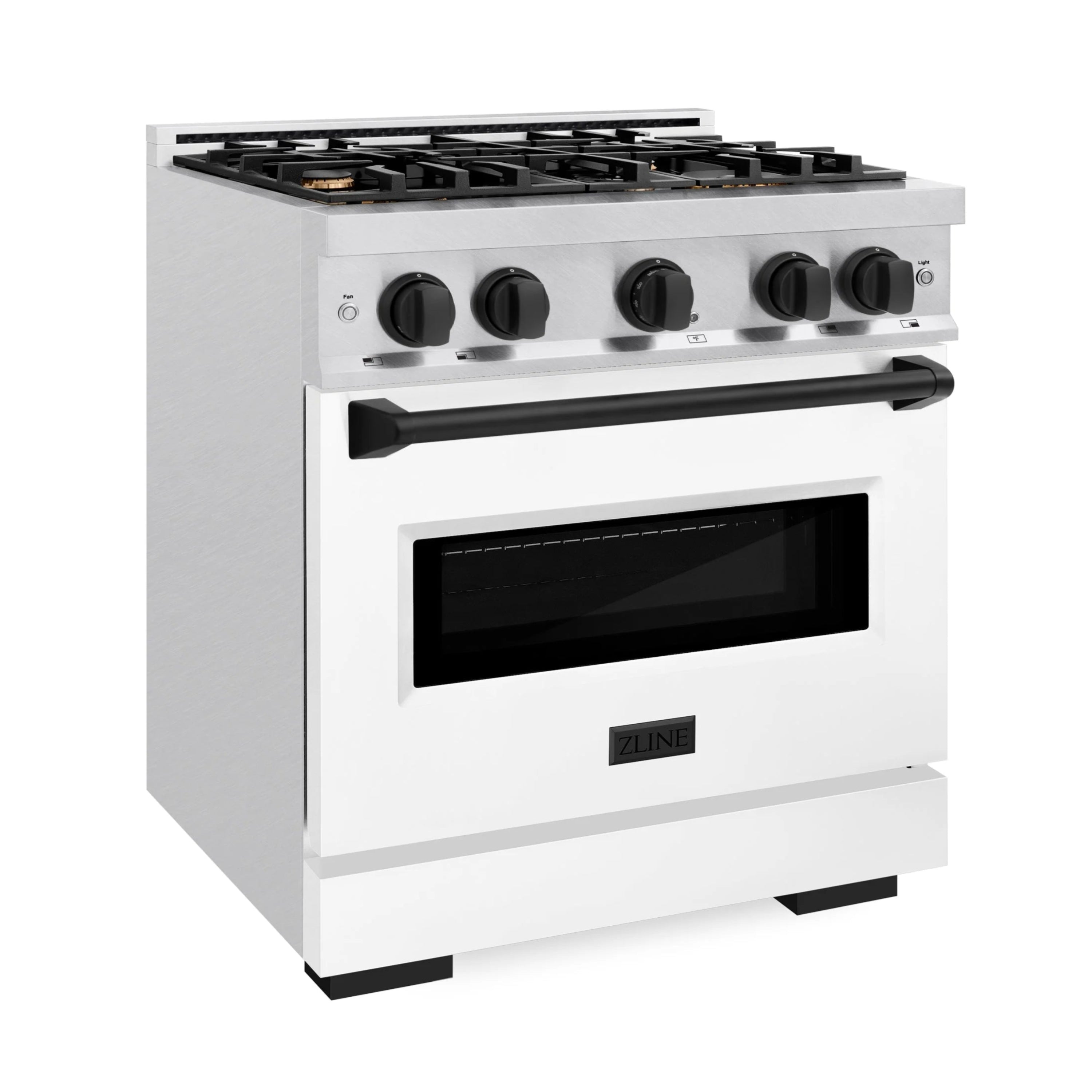 Dual fuel range with 4 gas burners, stainless body, black knobs, white matte door