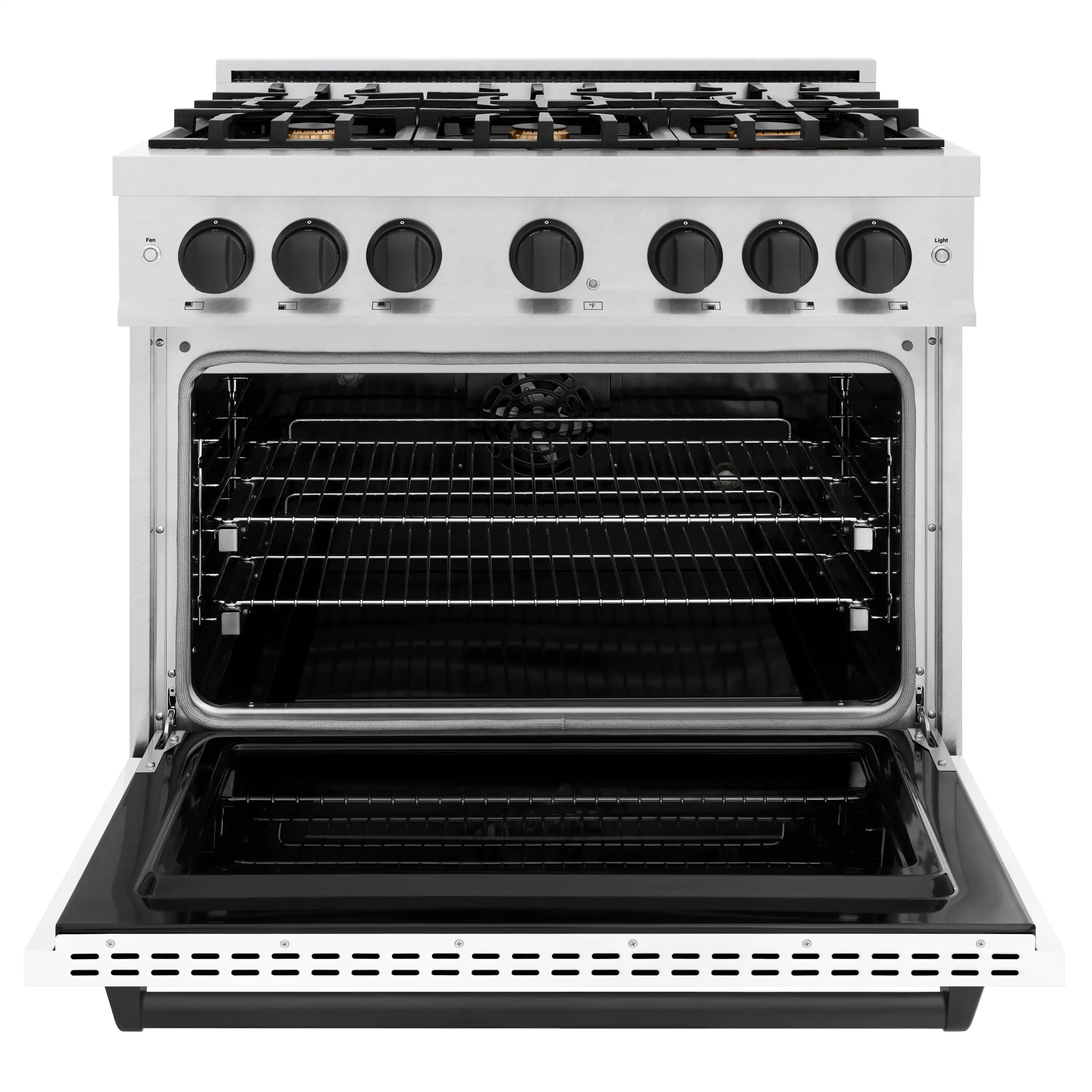 Dual fuel range with open oven door, wire rack, and black interior cavity