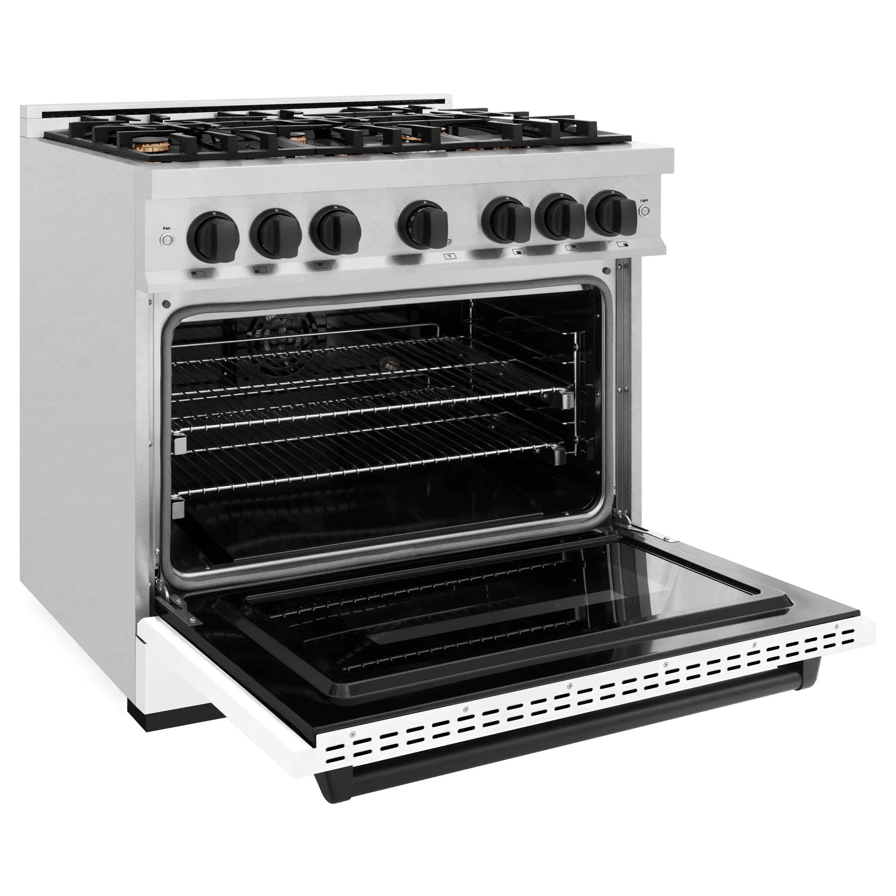 Dual fuel range with open oven, black racks, and front control knobs