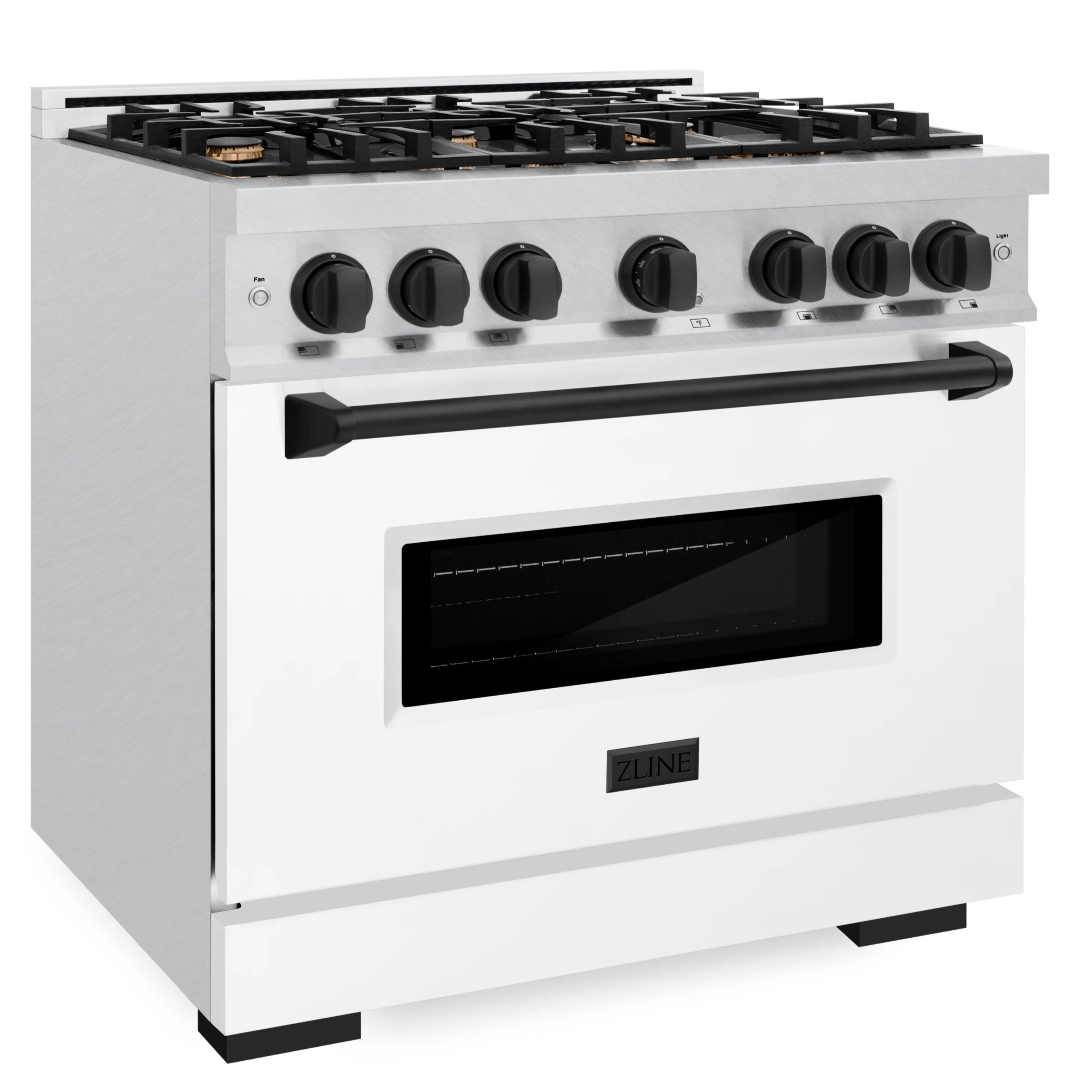 Dual fuel range with white cooktop, black burner knobs, and dark oven window