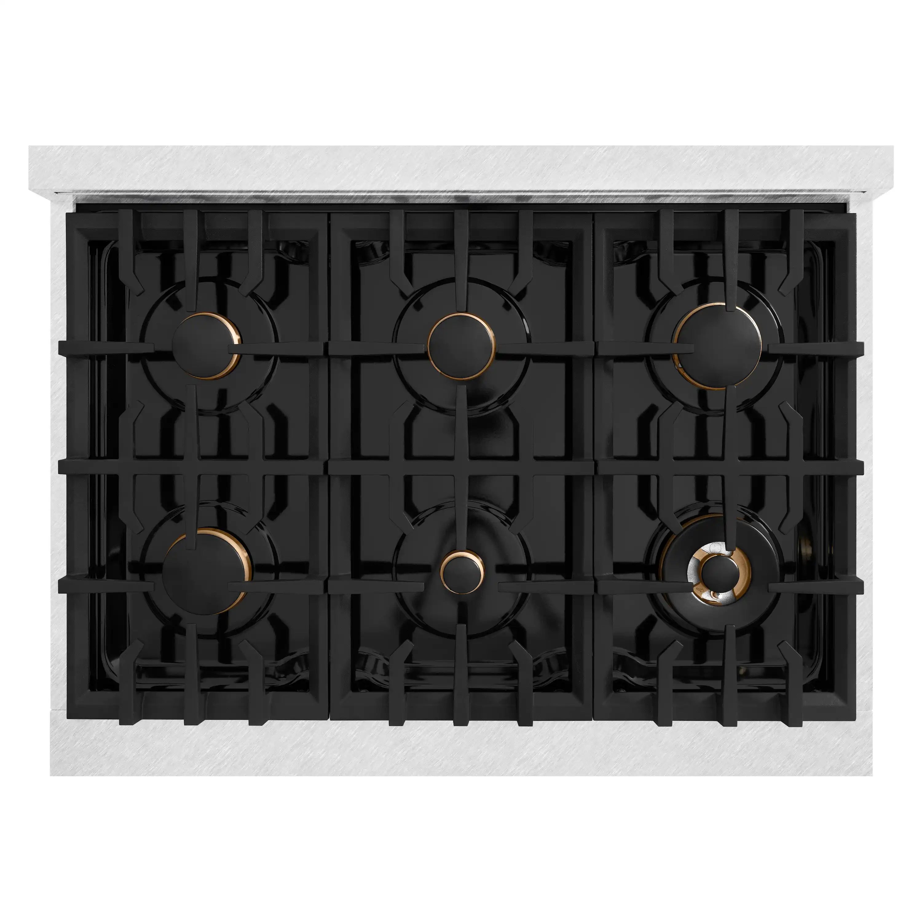Dual fuel range cooktop burner grate with black burners and brass ring accents