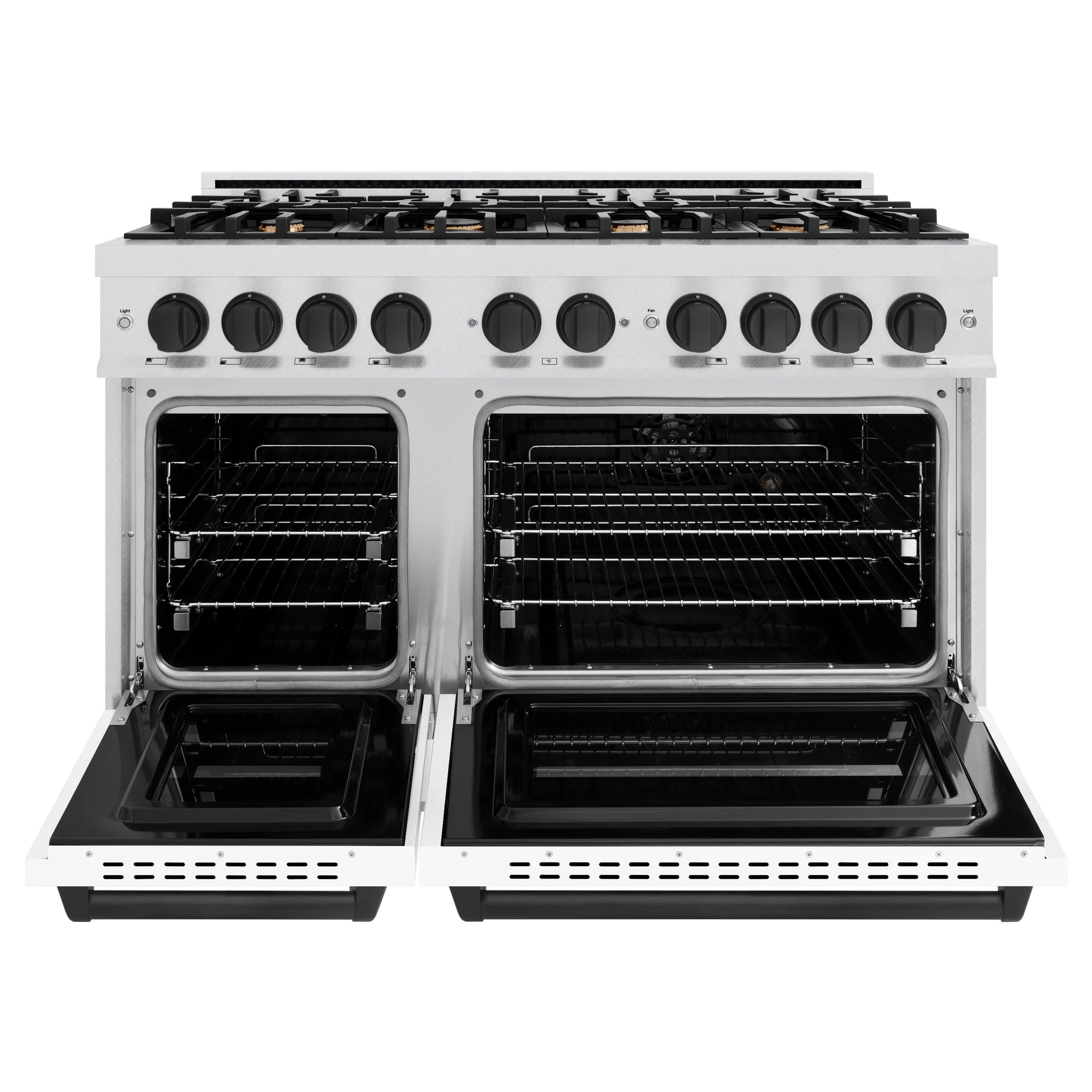 Dual fuel range with both oven doors open and black racks inside