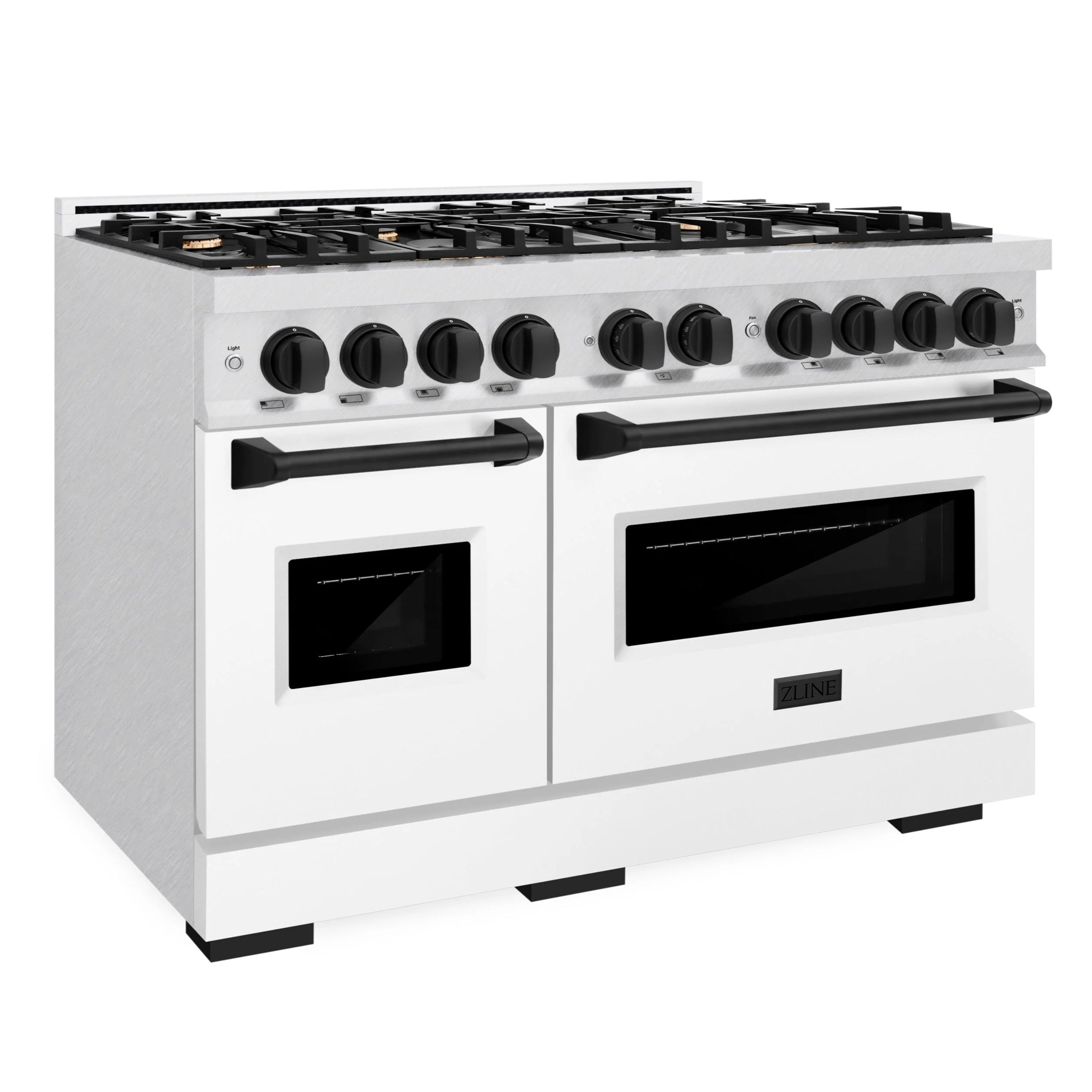 Dual fuel range with satin stainless finish, black burner grates, and two oven doors