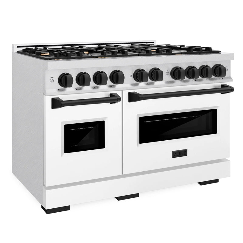 ZLINE Autograph Edition 48-Inch  Classic Series Dual Fuel Range in DuraSnow Stainless Steel with White Matte Door and Matte Black (CDRSZ-WM-48-MB)