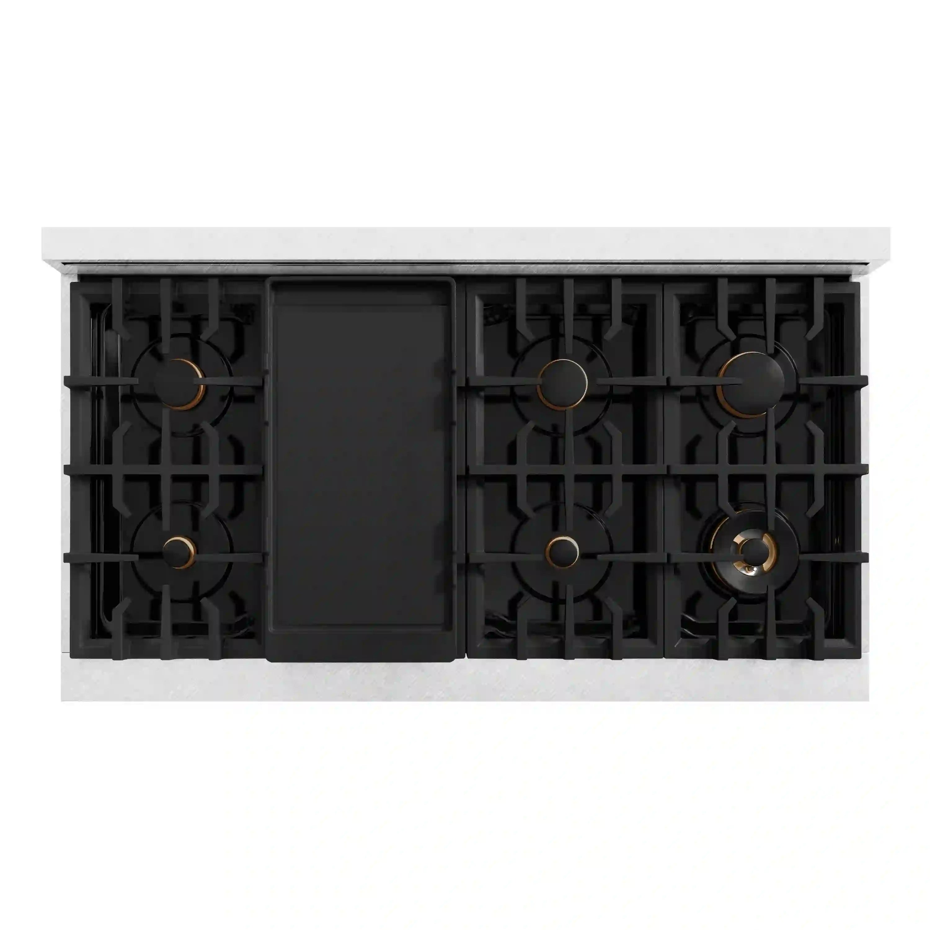 48-inch dual fuel range front with black cooktop grates and matte black control door