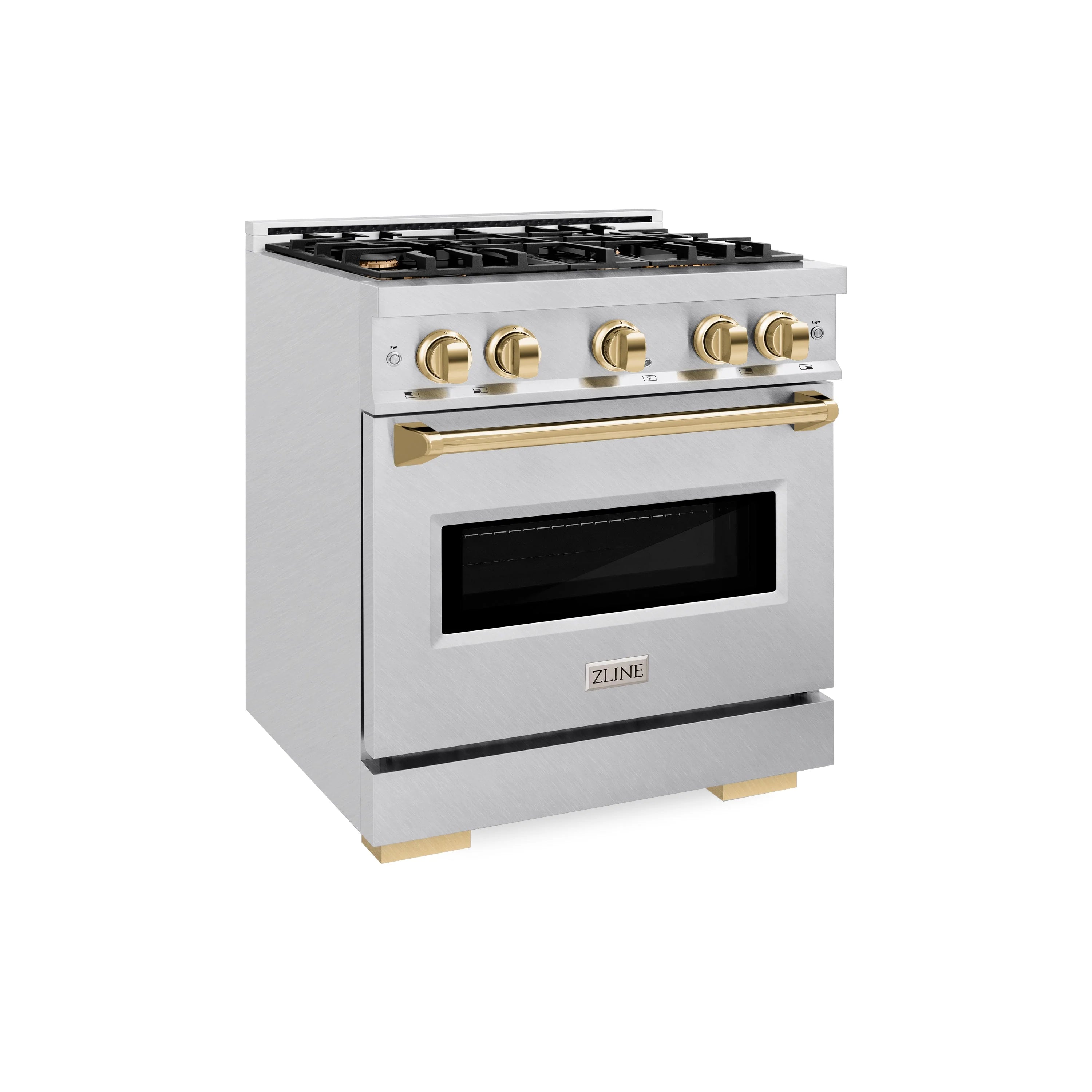 Satin stainless steel dual fuel range with four gas burners and polished gold control knobs