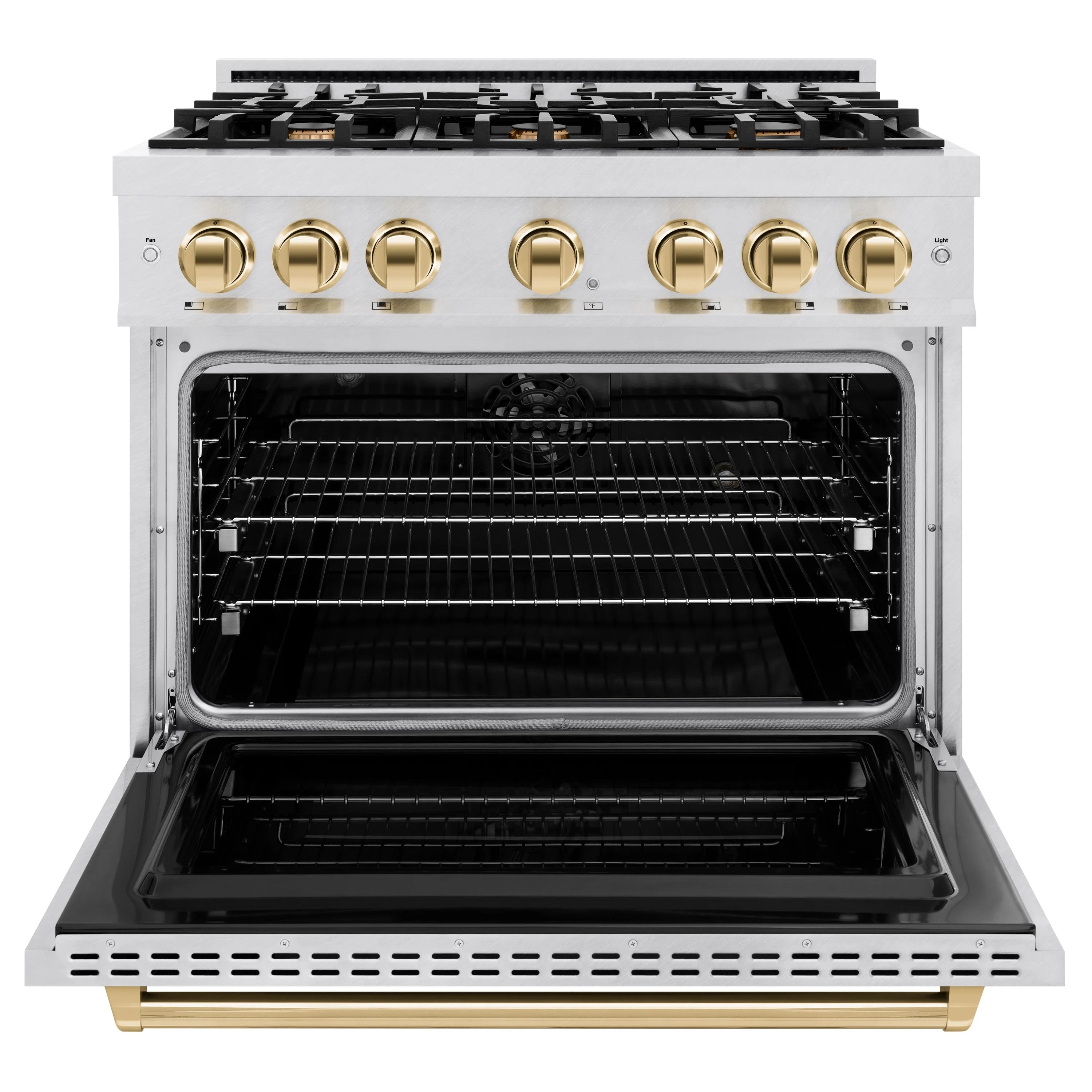 Satin stainless steel range with open convection oven cavity and gold control knobs