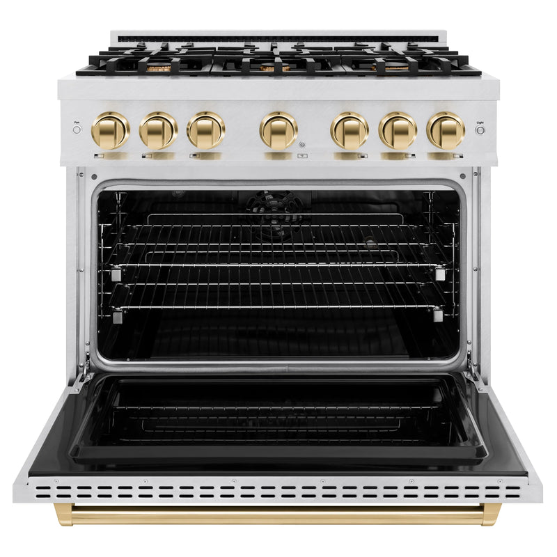 ZLINE Autograph Edition 36-Inch Classic Series Dual Fuel Range with 6 Gas Burner Cooktop and 5.2 Cu. Ft. Electric Convection Oven in DuraSnow Stainless Steel with Gold (CDRSZ-36-G)