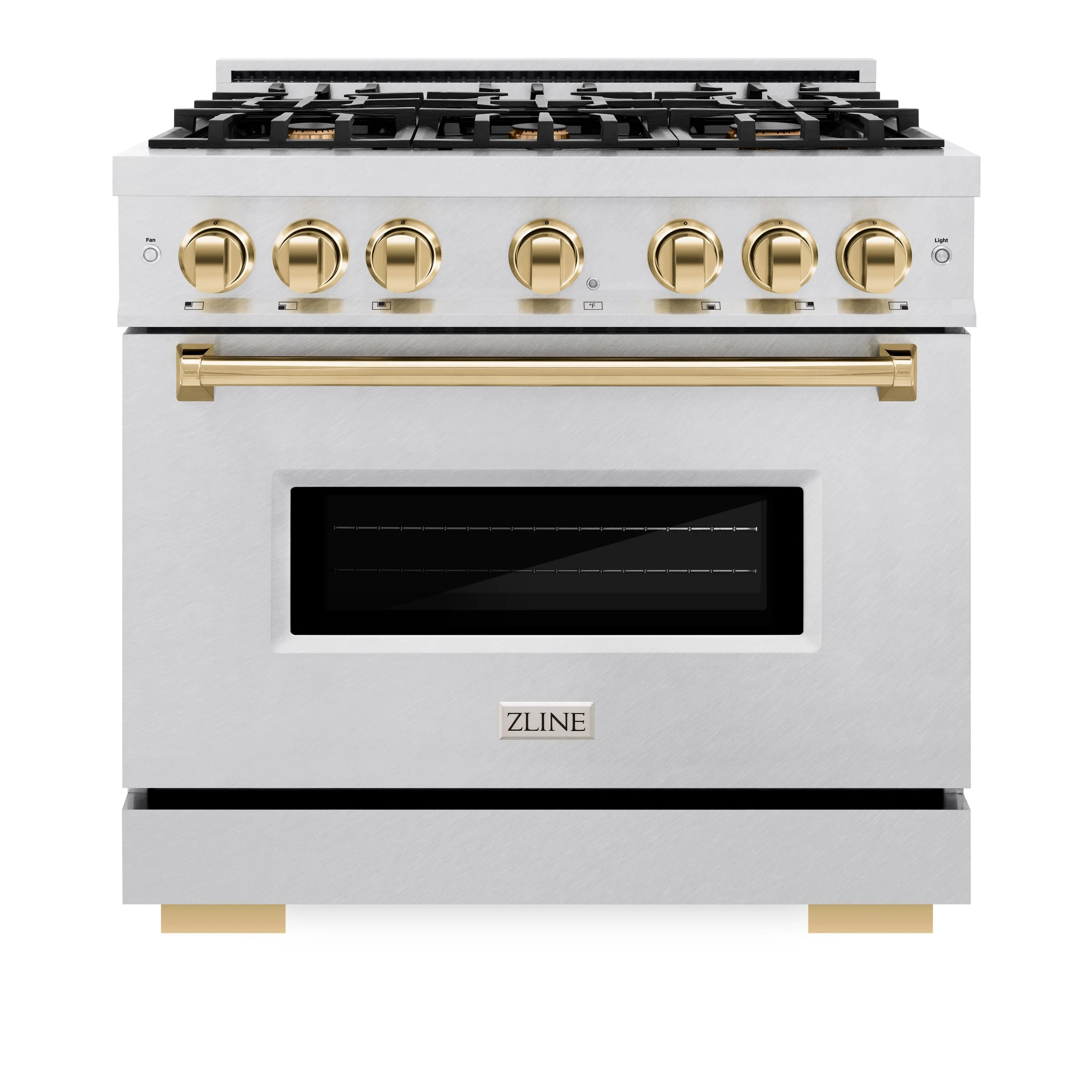 Satin stainless steel dual fuel range with 6-burner cooktop and gold control knobs