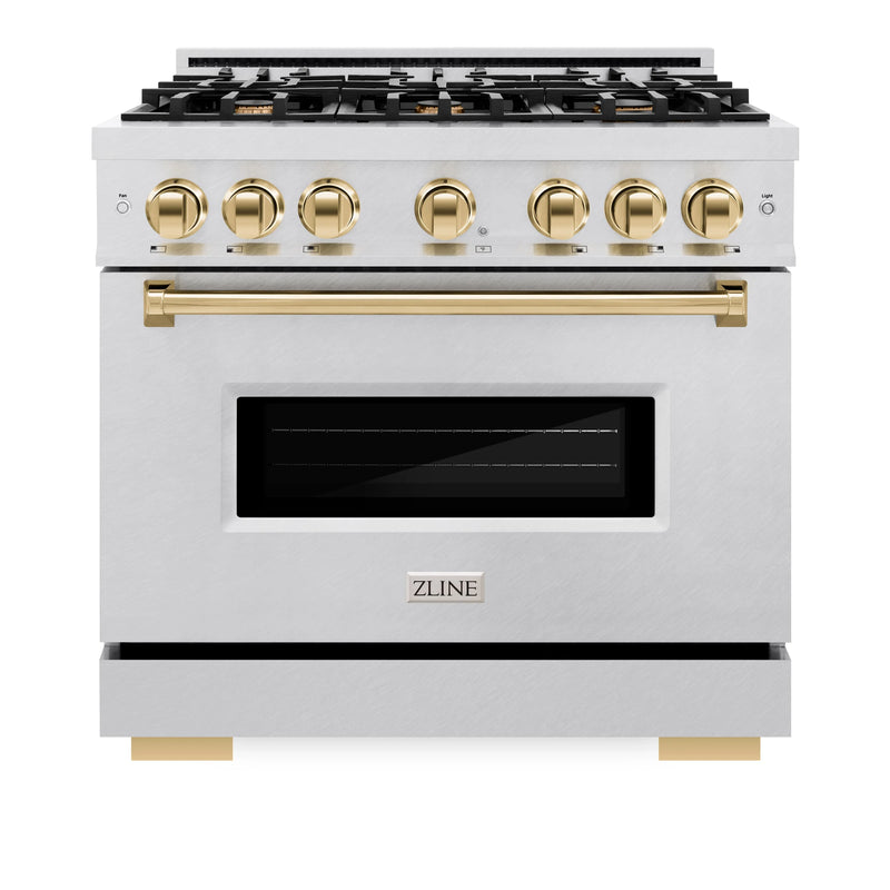 ZLINE Autograph Edition 36-Inch Classic Series Dual Fuel Range with 6 Gas Burner Cooktop and 5.2 Cu. Ft. Electric Convection Oven in DuraSnow Stainless Steel with Gold (CDRSZ-36-G)