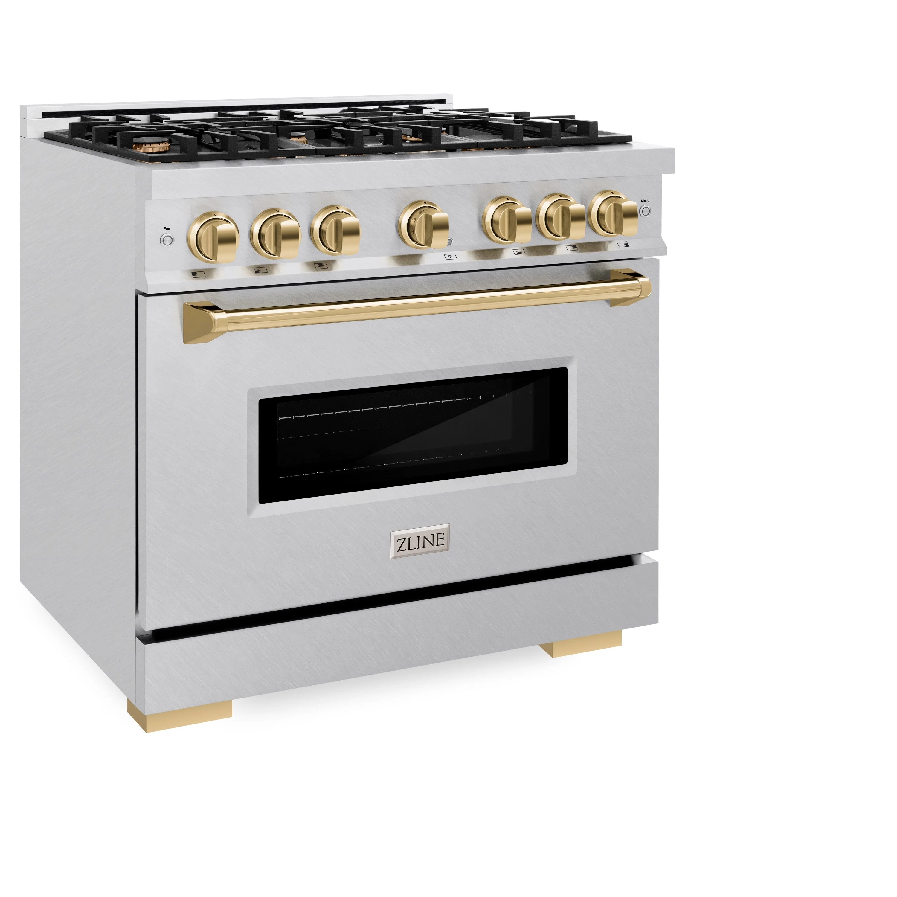 Dual fuel range with satin stainless body, gold control knobs, and gas burner cooktop