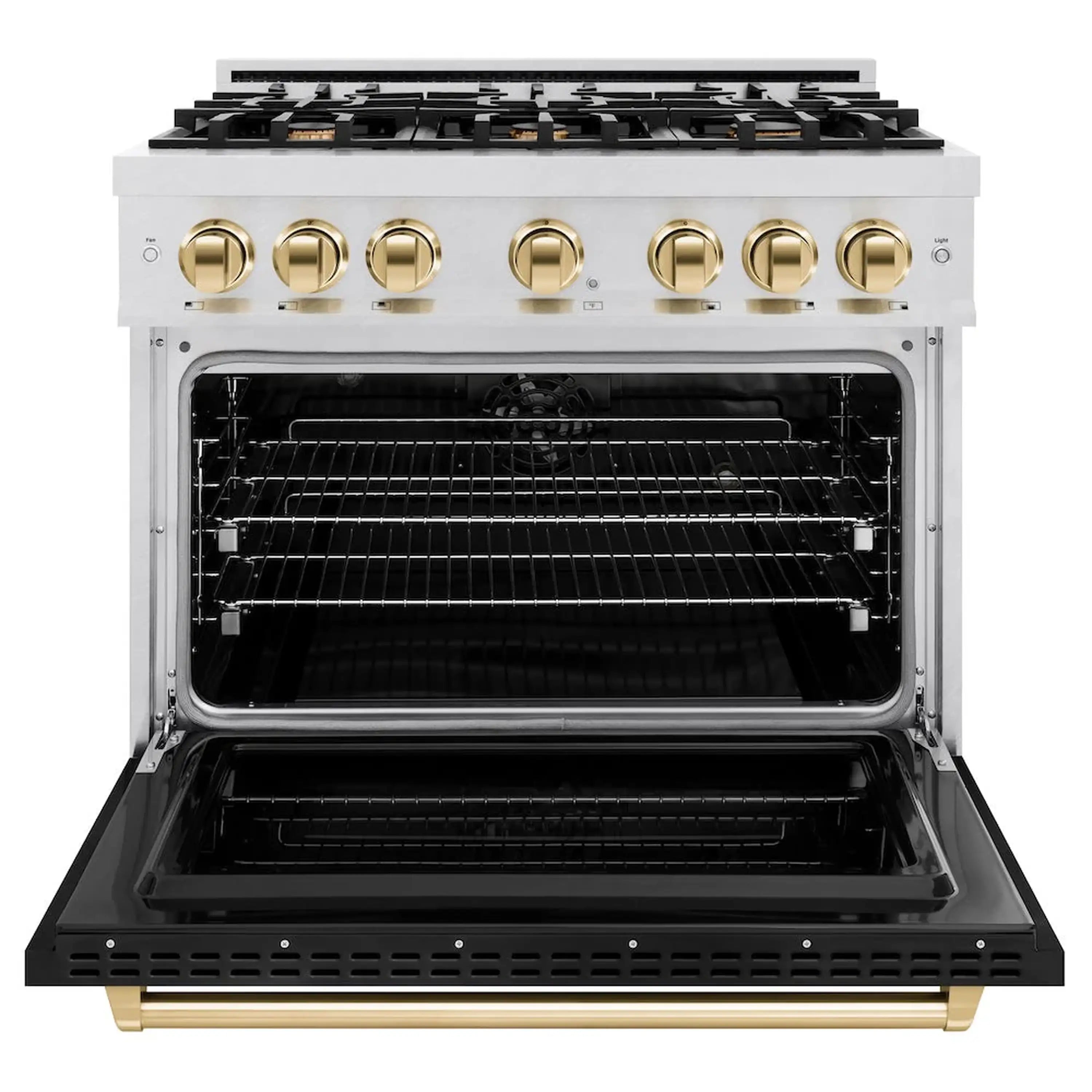 Dual fuel range oven with open door, black interior racks, satin stainless face and gold knobs