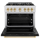 ZLINE Autograph Edition 36-Inch Classic Series Dual Fuel Range with 6 Gas Burner Cooktop and 5.2 Cu. Ft. Electric Convection Oven in Satin Stainless Steel with Black Matte Door and Polished Gold Accents (CDRSZ-BLM-36-G)