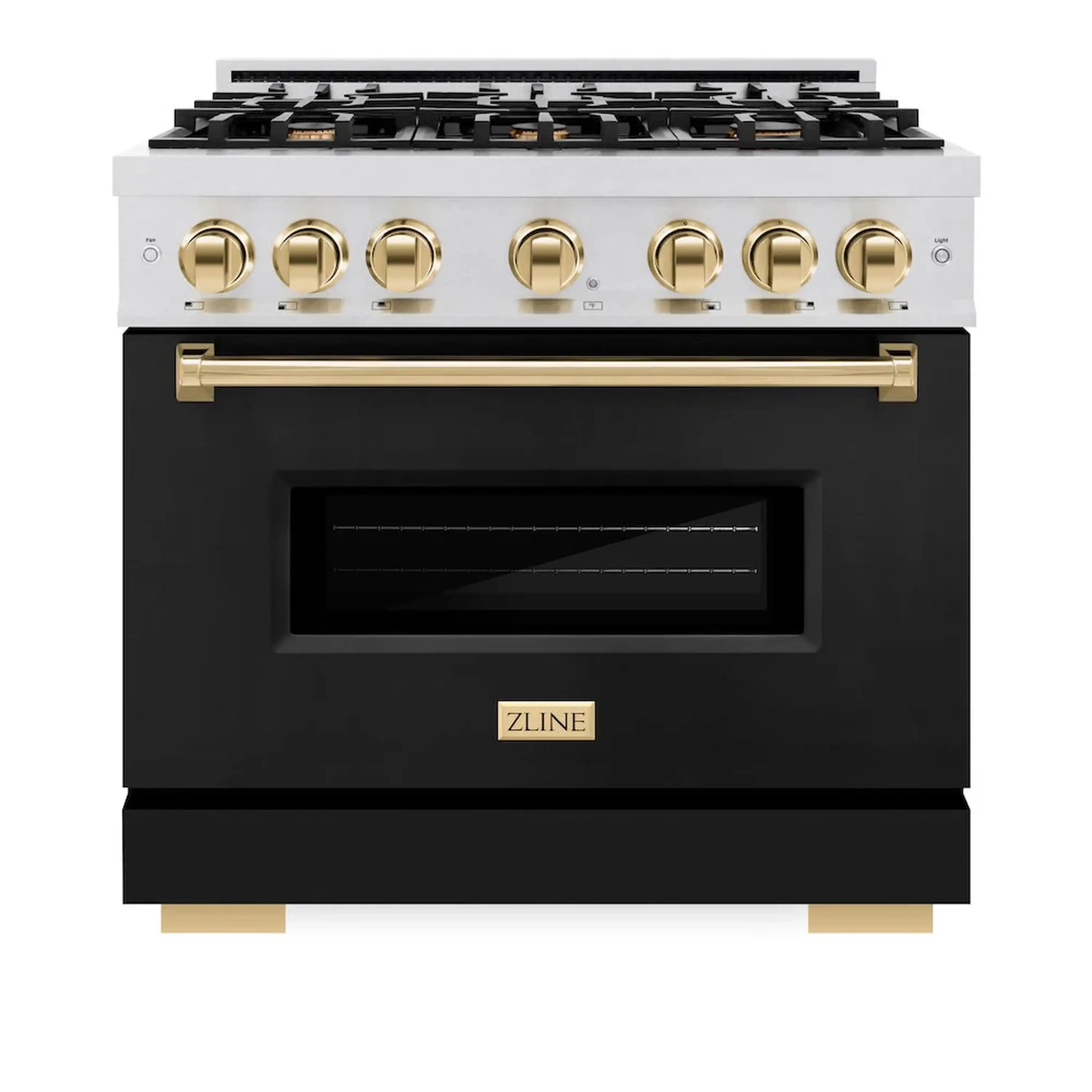 Dual fuel range with black oven door, satin stainless front, gold handle and control knobs