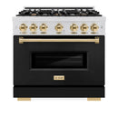 ZLINE Autograph Edition 36-Inch Classic Series Dual Fuel Range with 6 Gas Burner Cooktop and 5.2 Cu. Ft. Electric Convection Oven in Satin Stainless Steel with Black Matte Door and Polished Gold Accents (CDRSZ-BLM-36-G)