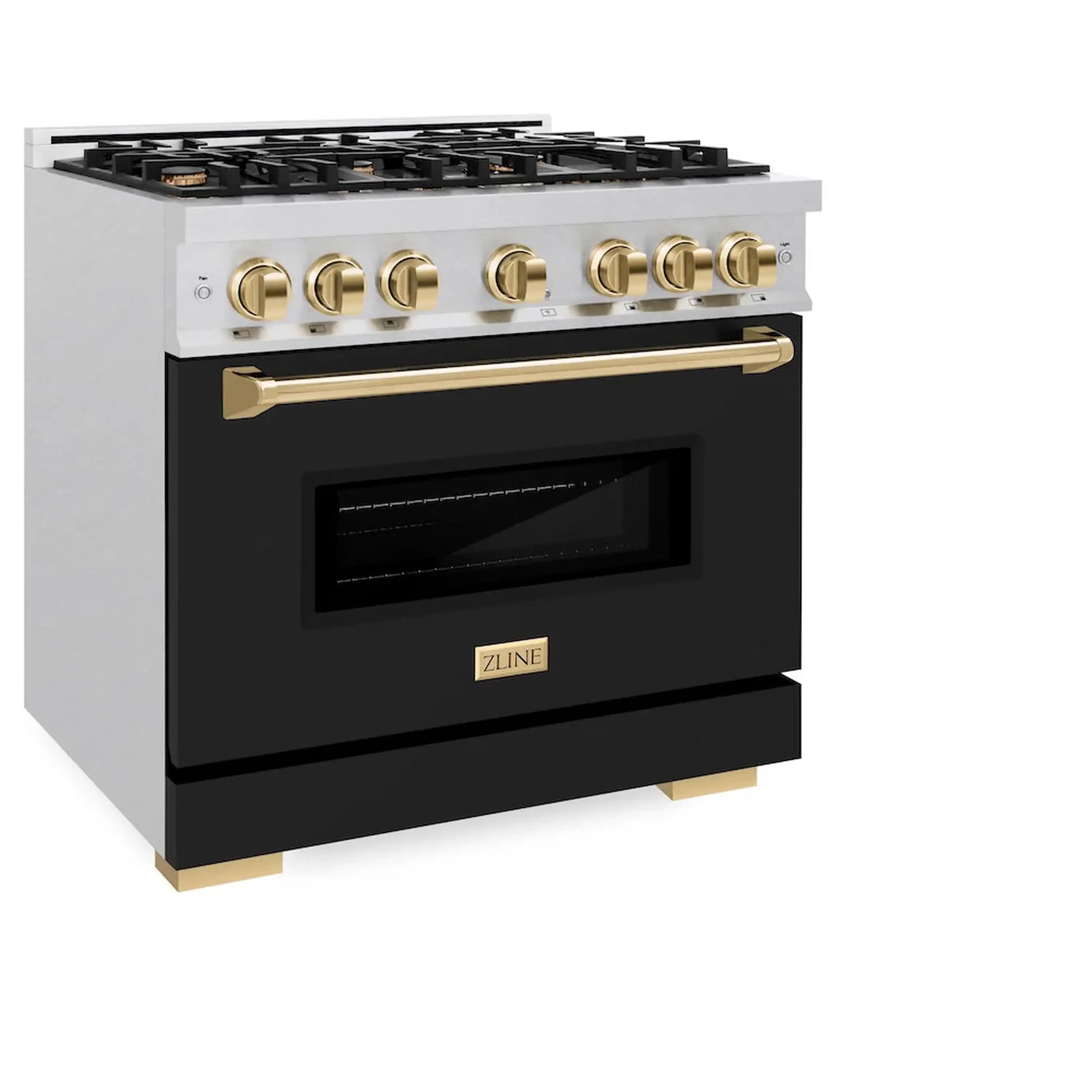 Dual fuel range with black oven door and gold handle bar, satin stainless steel controls