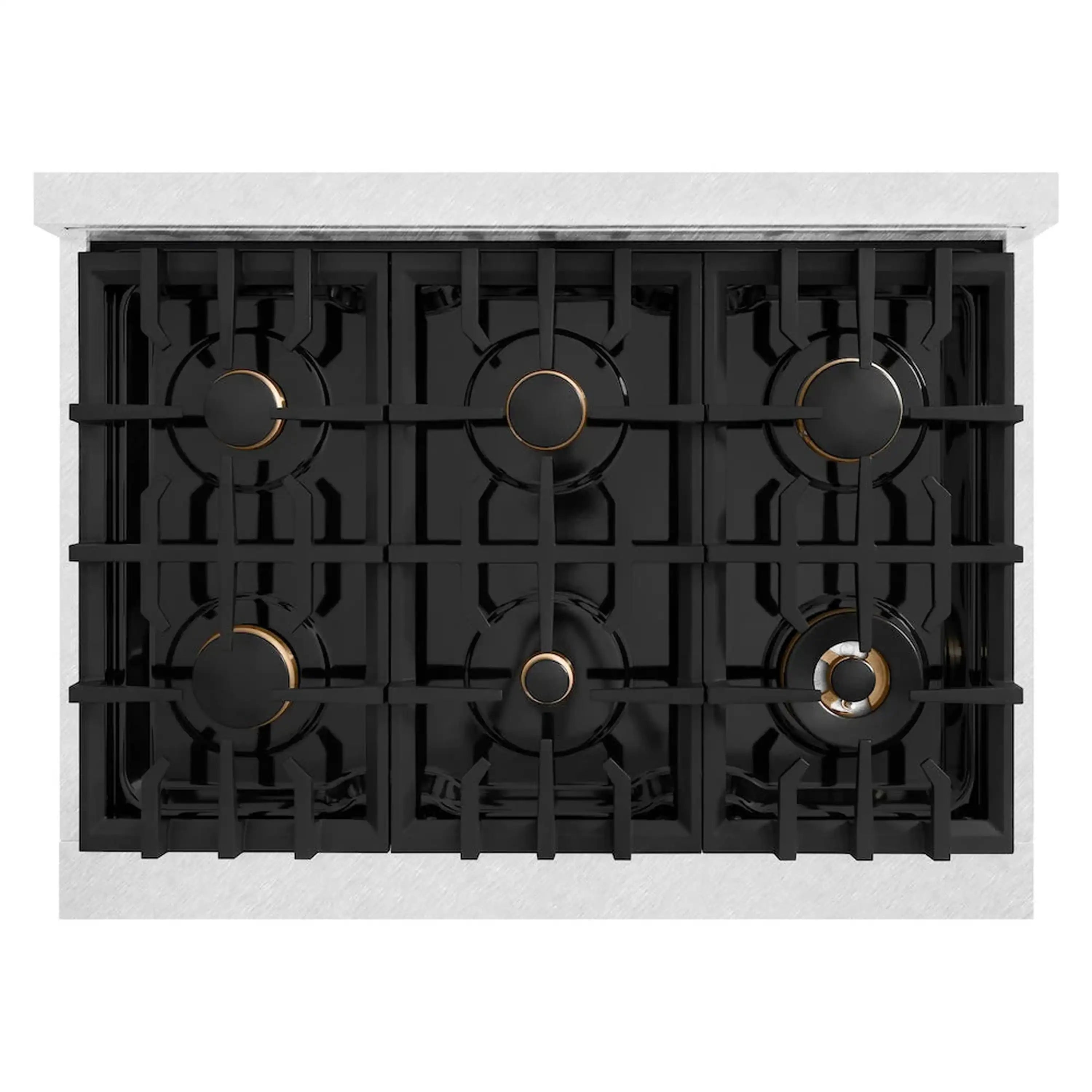 Front cooktop view with black grates and five visible burners on dual fuel range