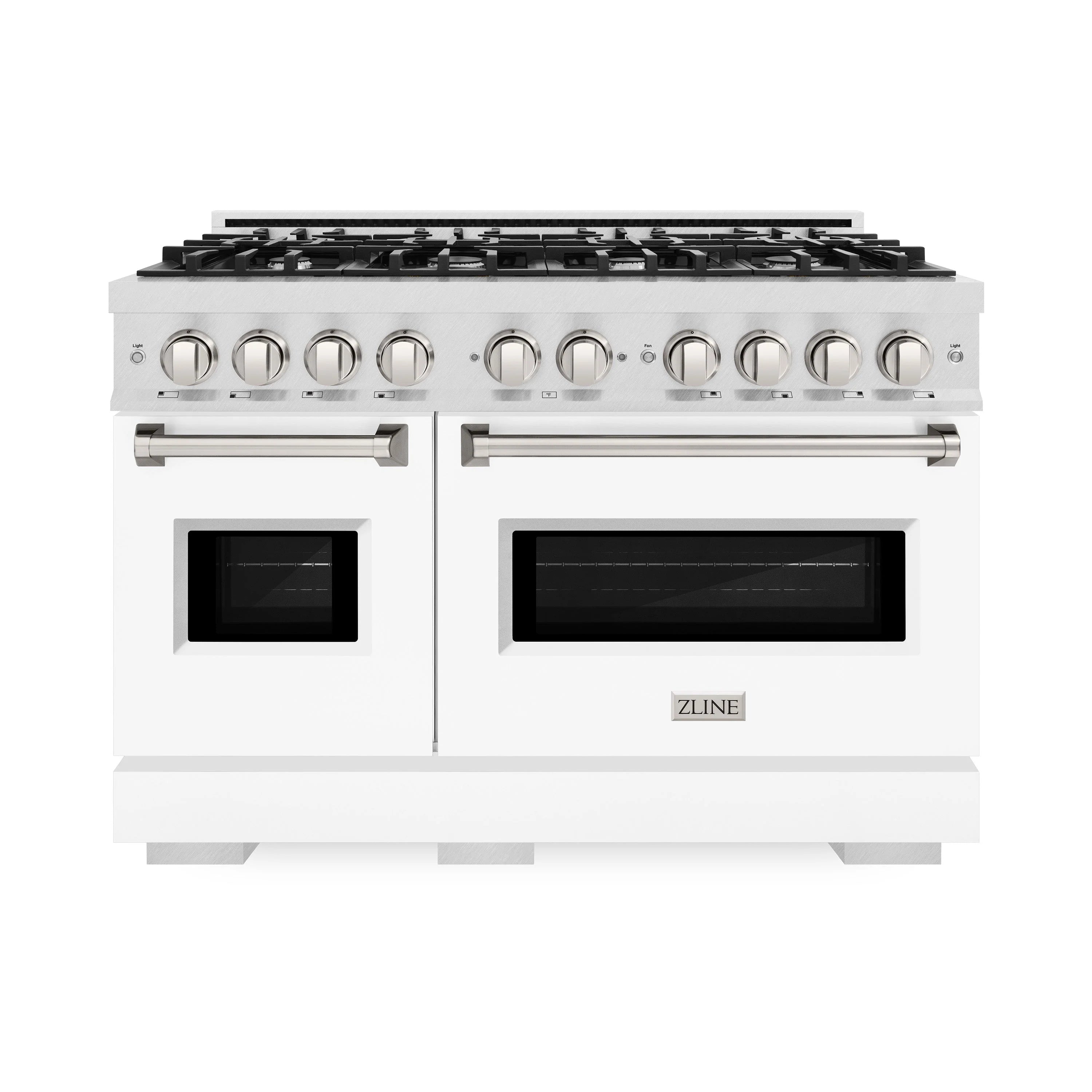 Satin stainless steel dual fuel range with four-burner gas cooktop and dual electric ovens