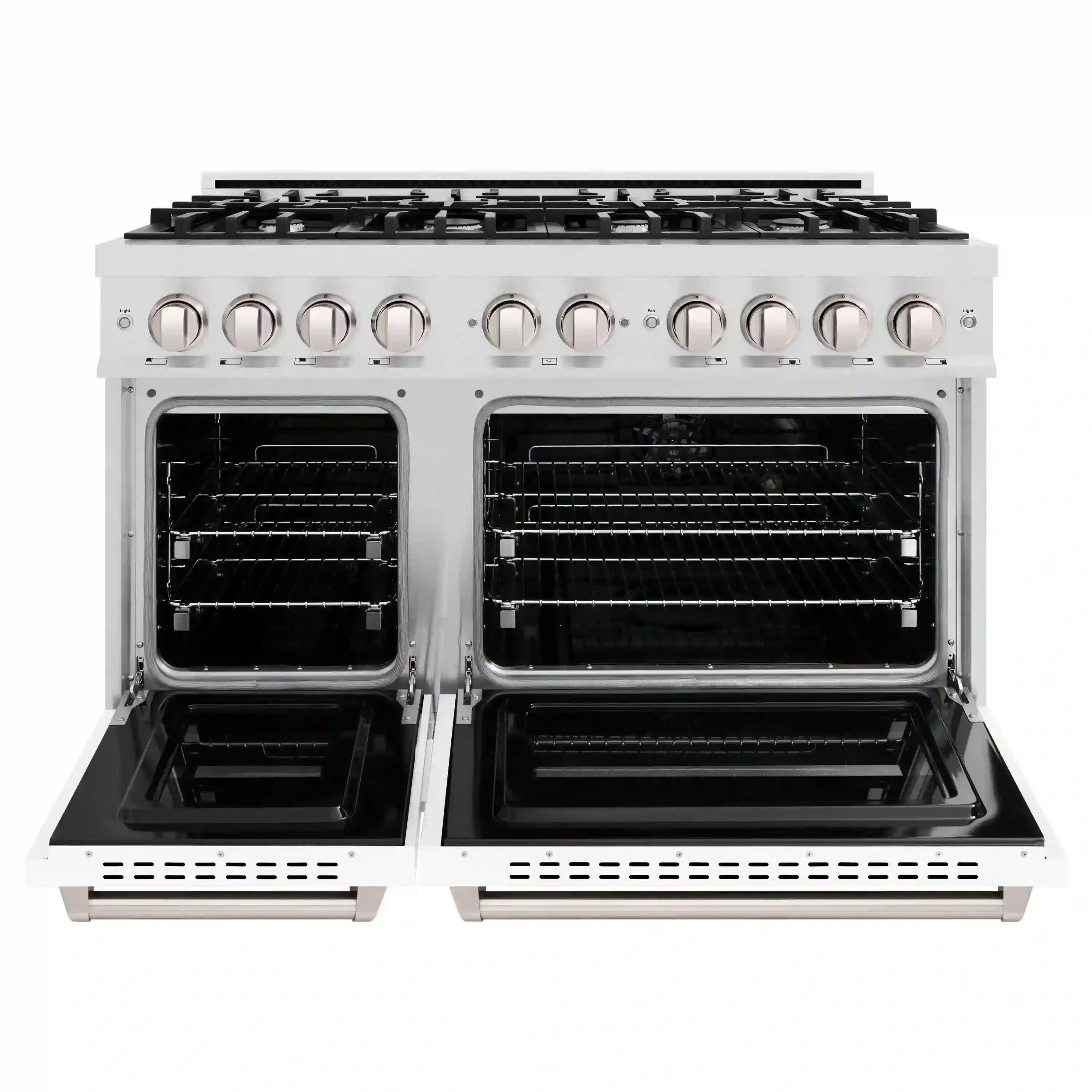 Dual fuel range with two open electric ovens and four-burner gas cooktop, satin stainless steel