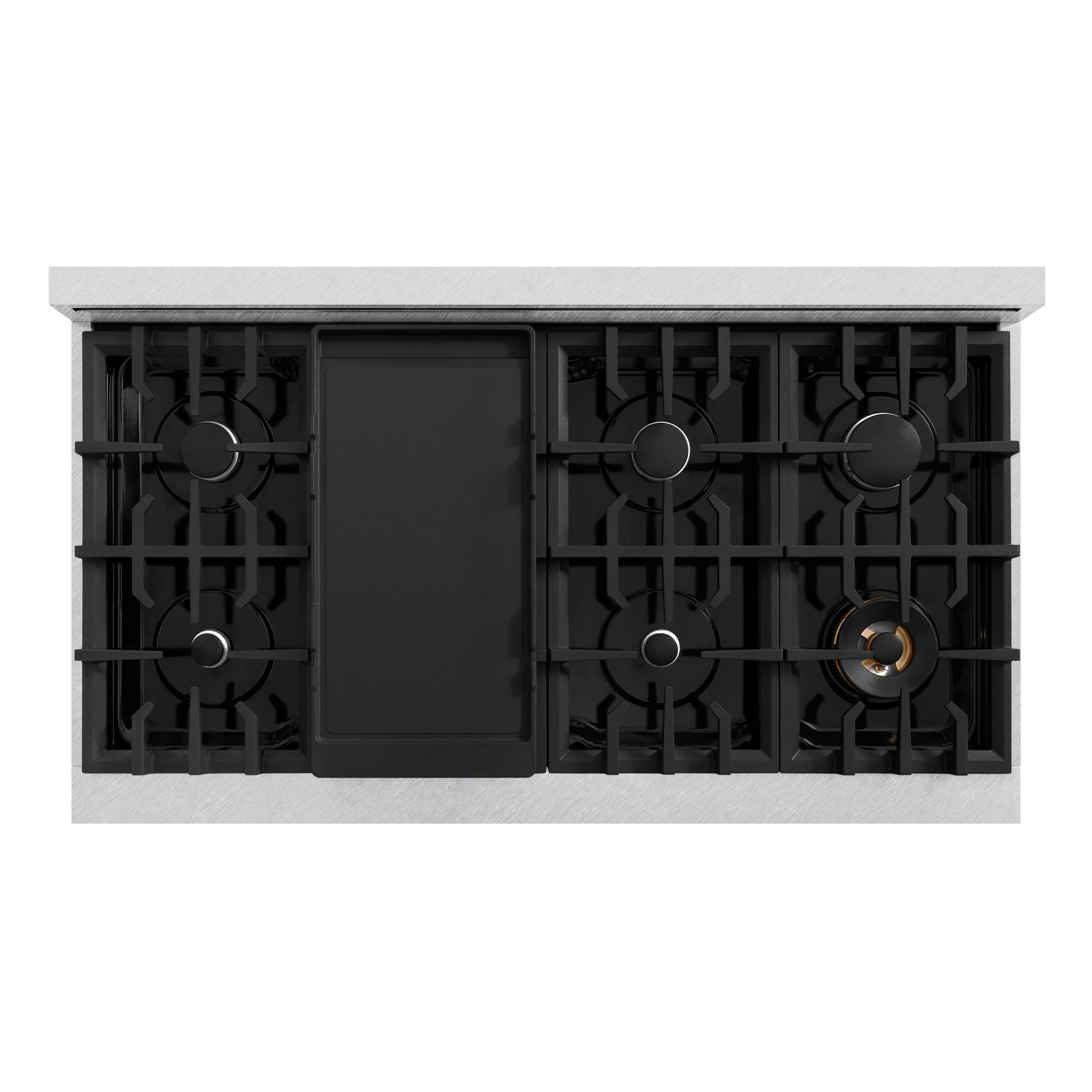 Underside of range cooktop with four black gas burner grate frames and center burner opening
