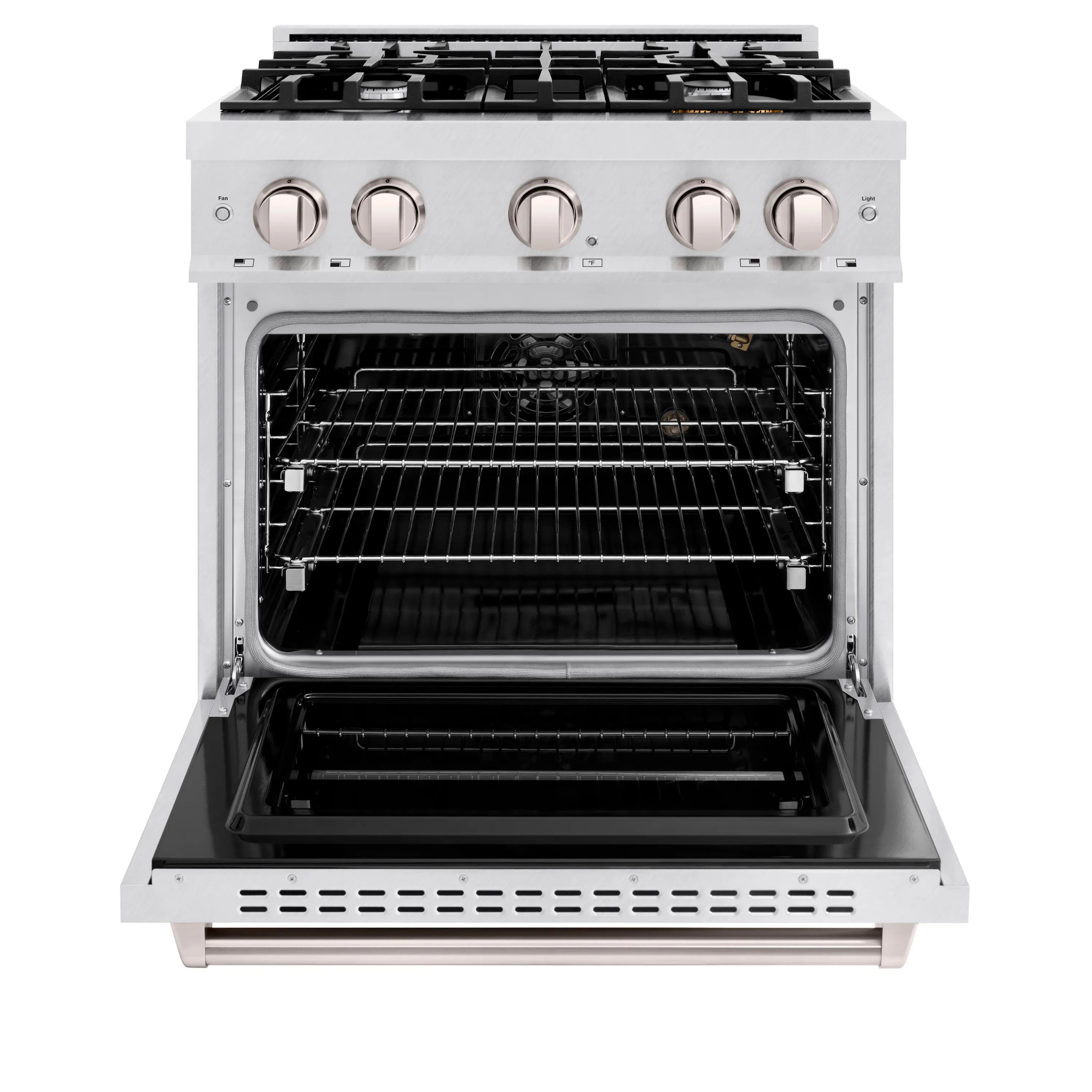Gas convection oven with open door and wire racks, inside view