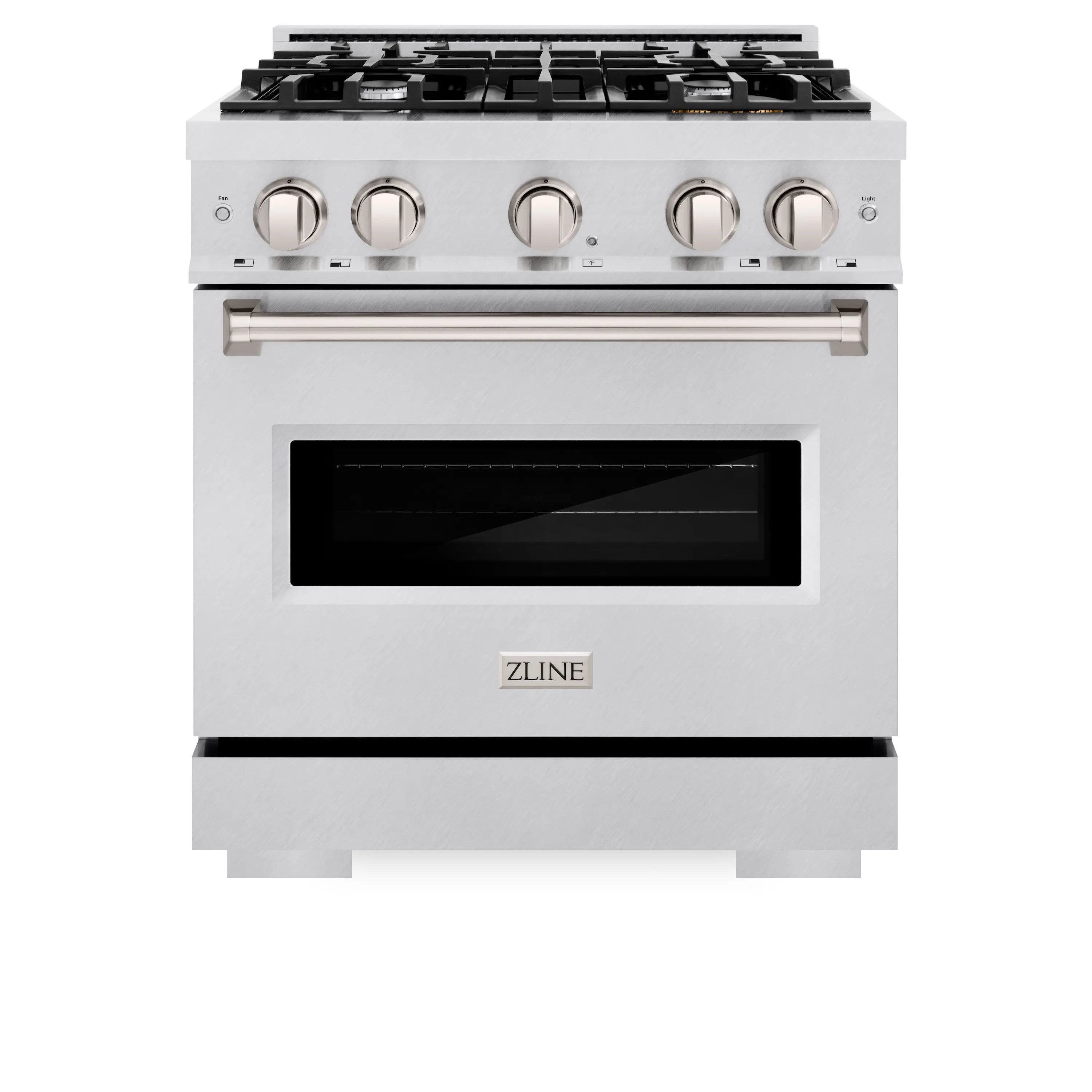 Satin stainless steel gas range with four burners and oven door, front view