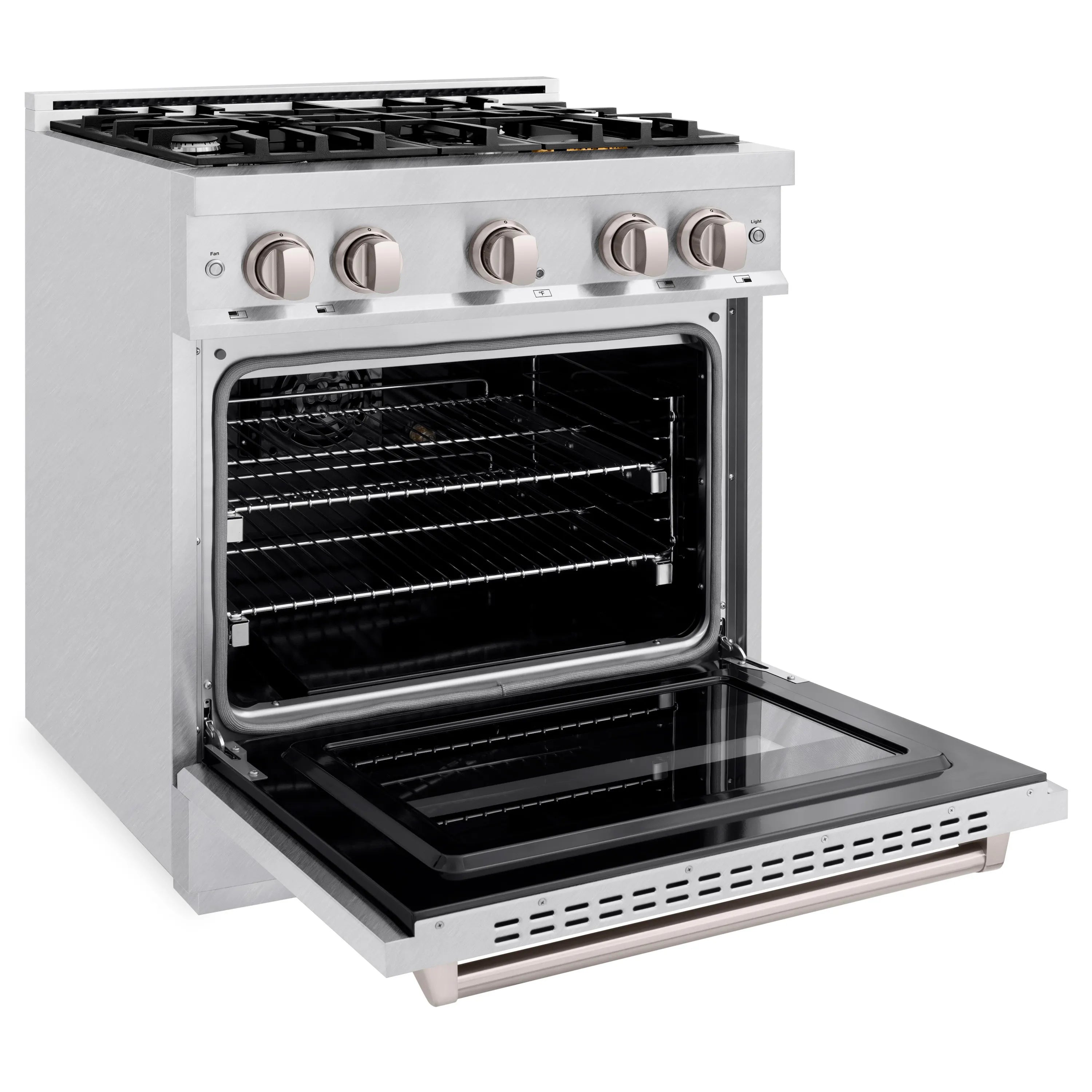 Gas range oven door open, black interior with rack and bake tray
