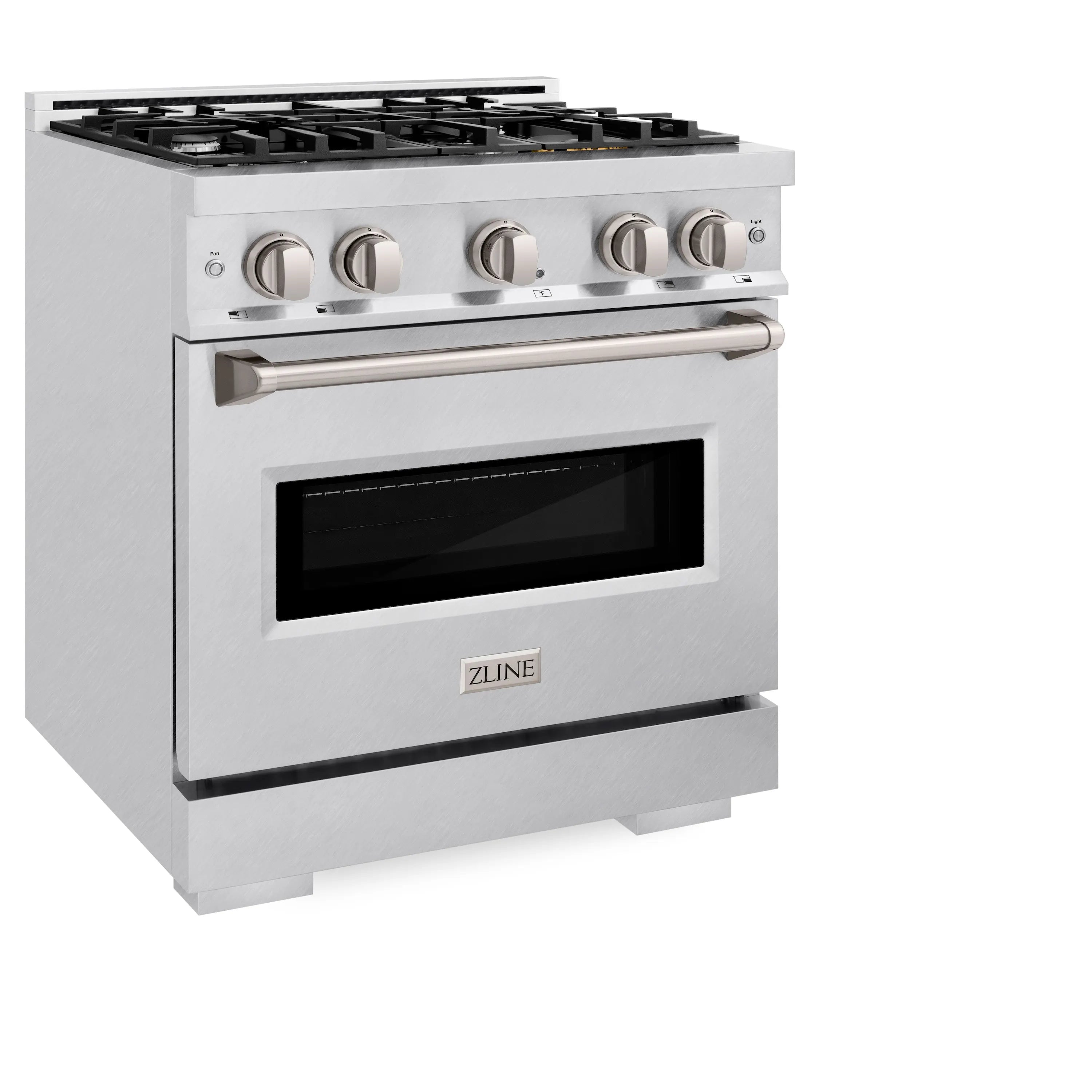 Satin stainless steel gas range with oven window and four burner knobs