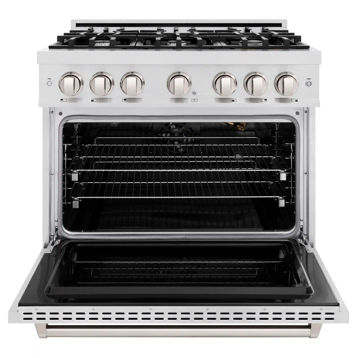 Open ZLINE satin stainless gas oven with front racks and black interior