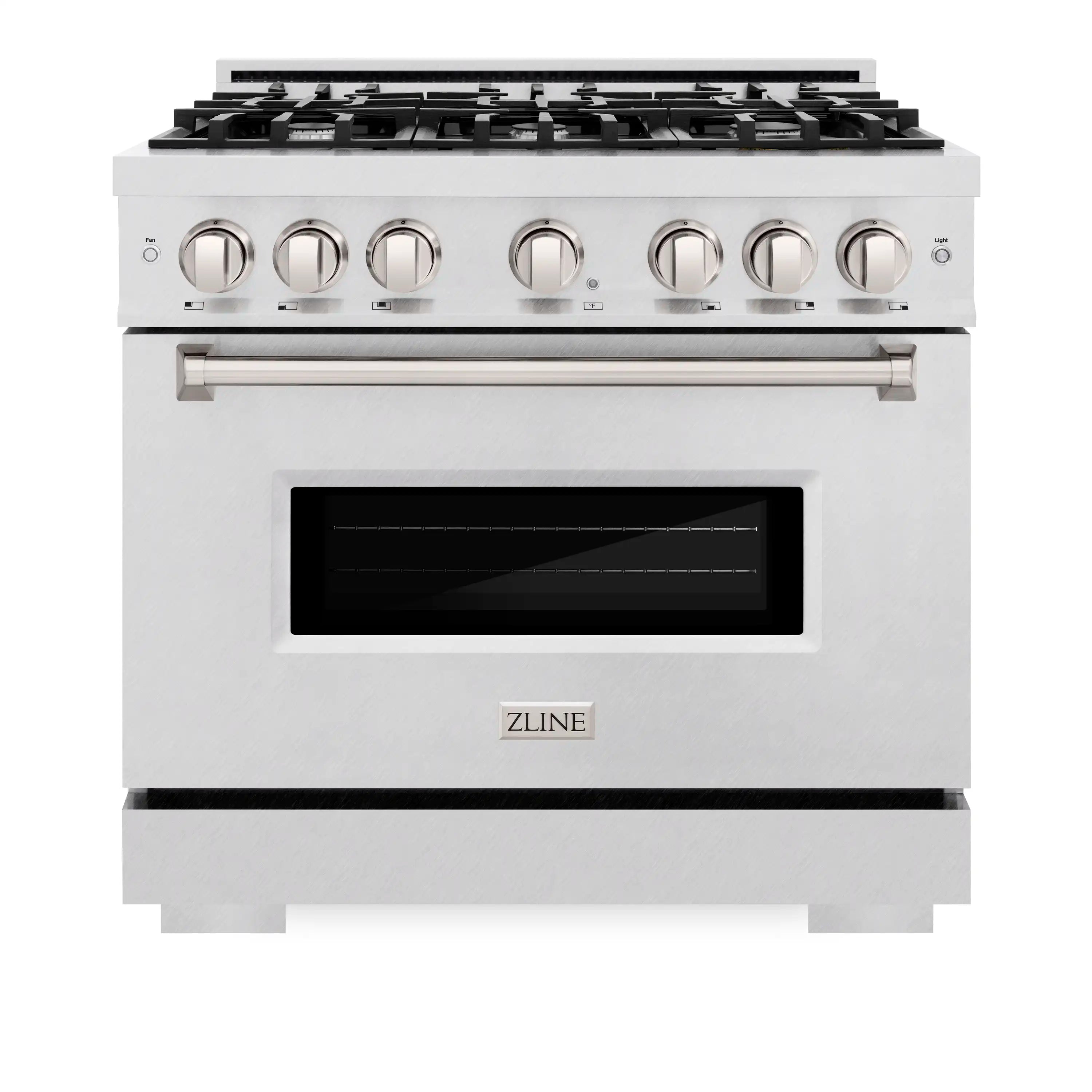 ZLINE satin stainless gas range with 6 burner knobs and glass oven door