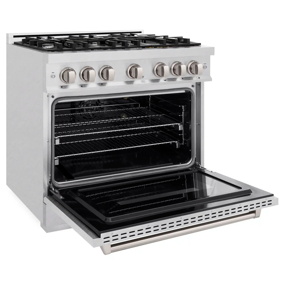 ZLINE satin stainless gas range with open oven door and wire racks